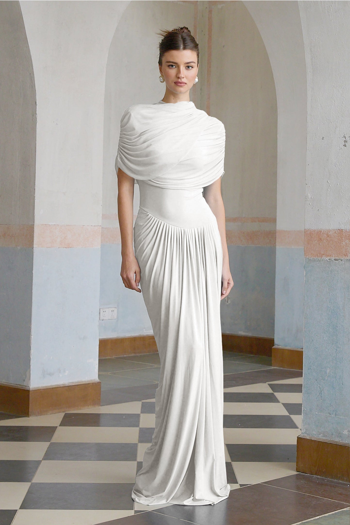 Catherine asymmetric pleated maxi dress in White