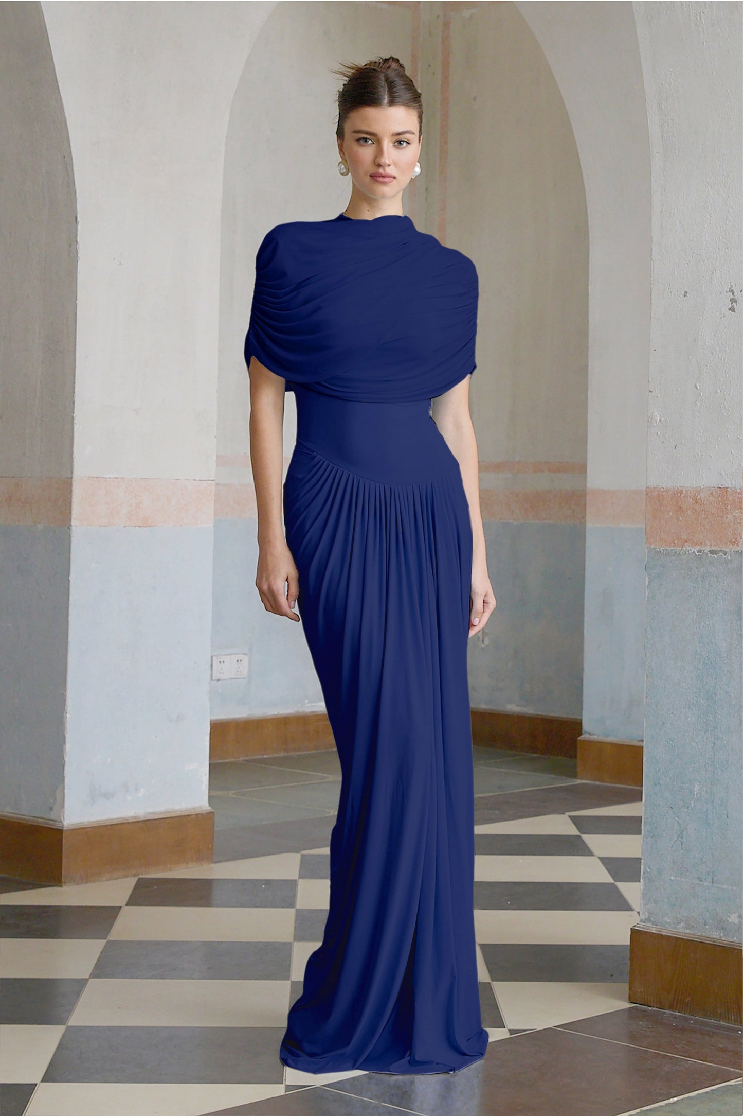 Catherine asymmetric pleated maxi dress in Navy-blue