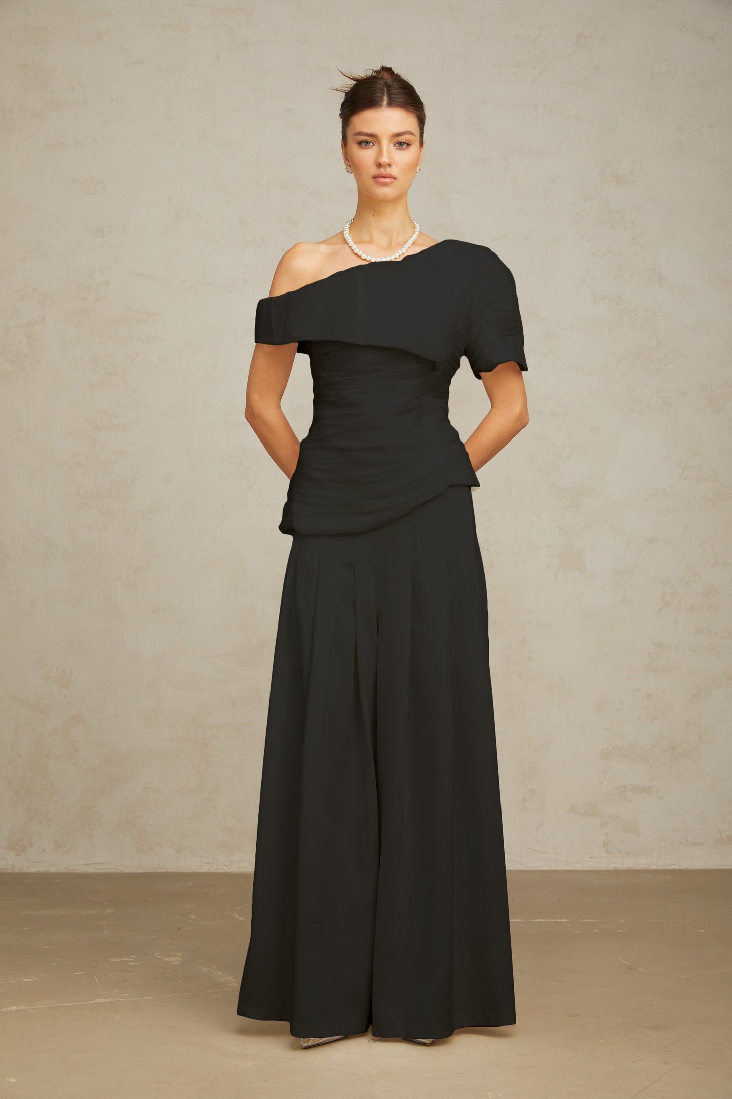 Adèle creased top & trousers matching set in Black