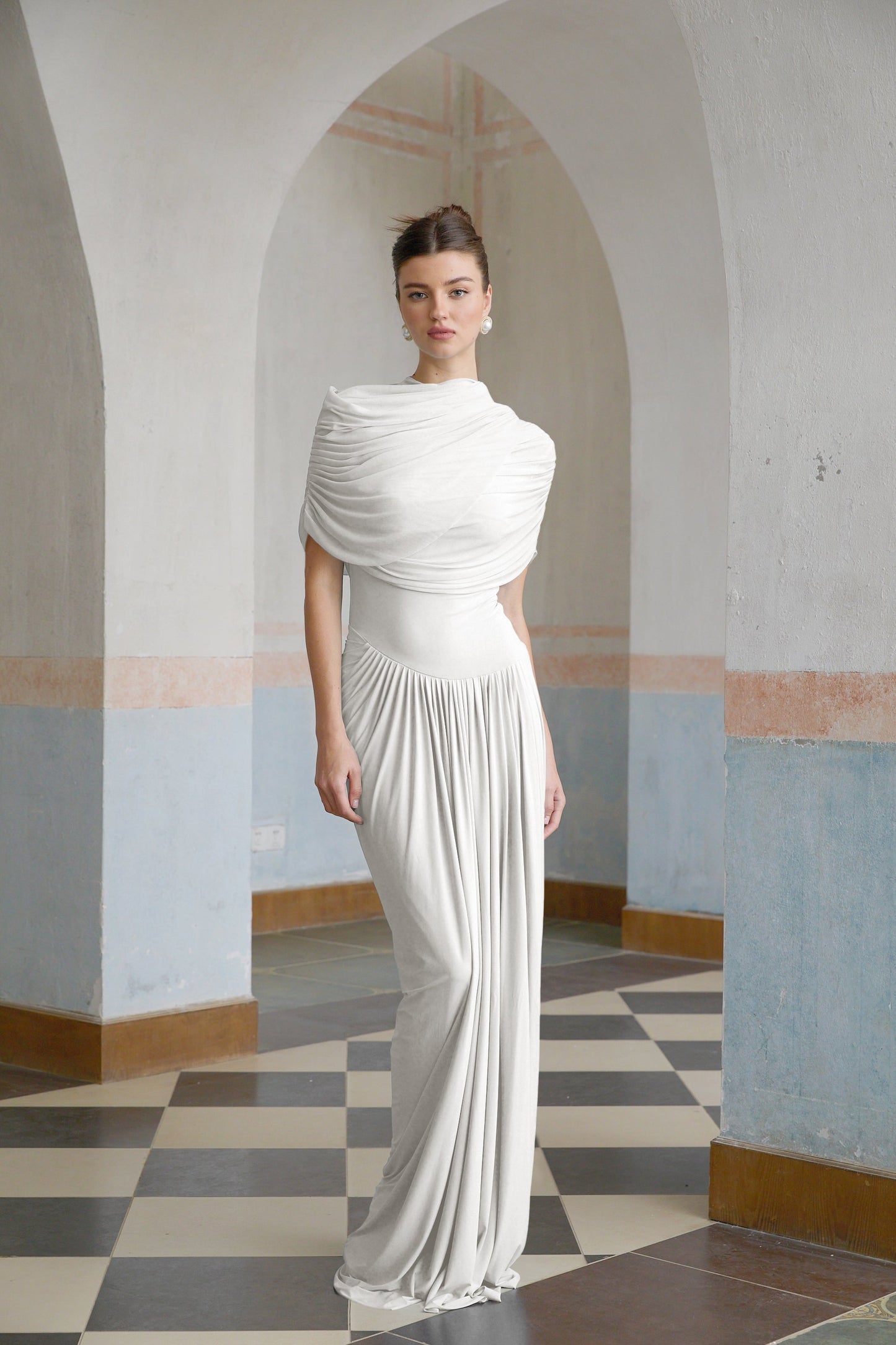 Catherine asymmetric pleated maxi dress in White