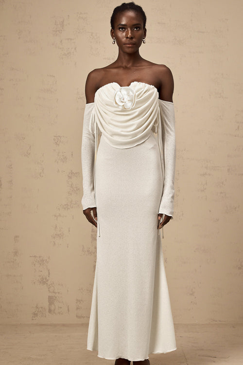 Julia floral-appliqué ruched strapless maxi dress
