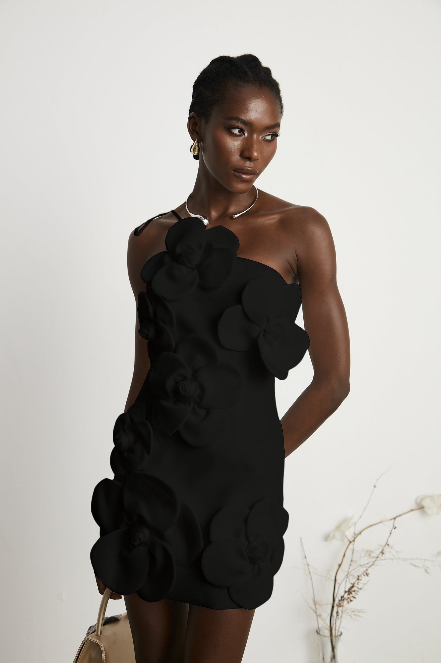 Liane floral off-shoulder mini dress in Black