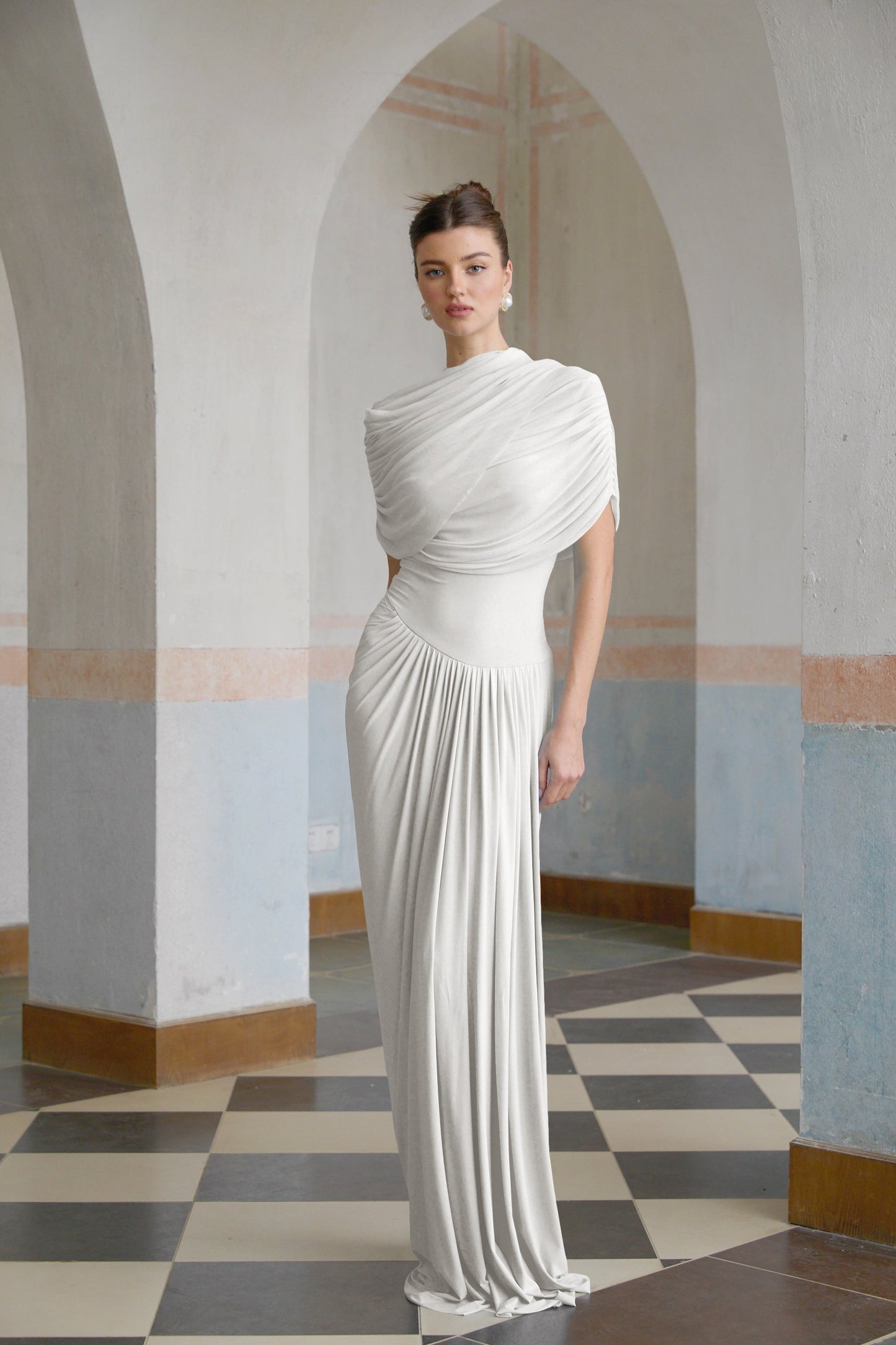 Catherine asymmetric pleated maxi dress in White