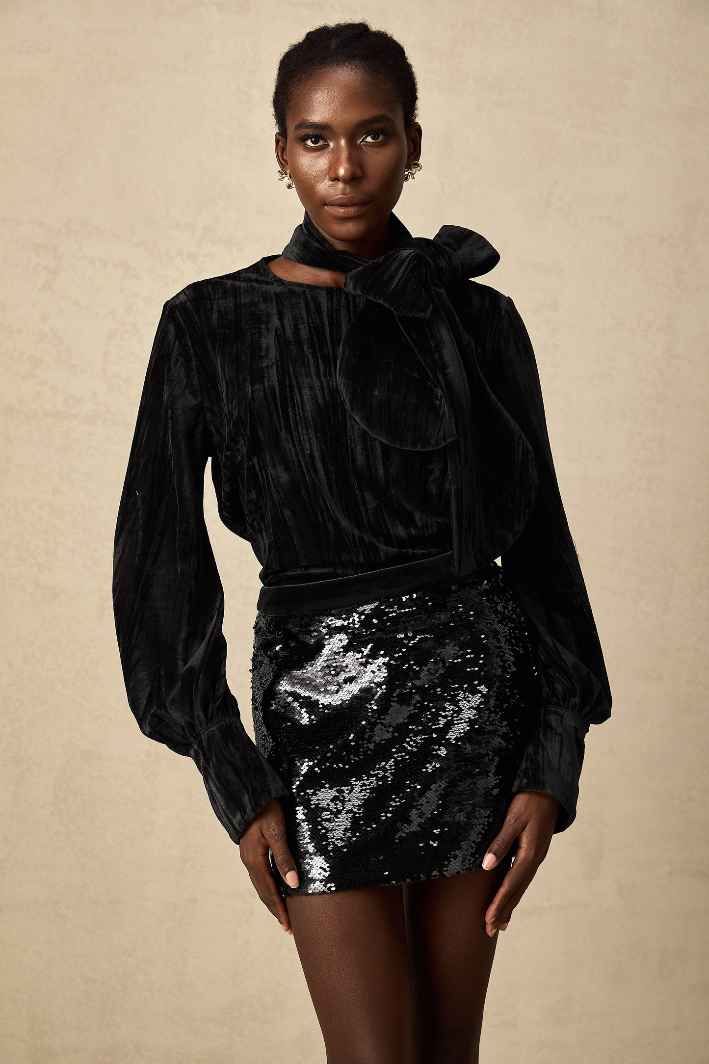 Aude sequined velvet blouse & skirt matching set