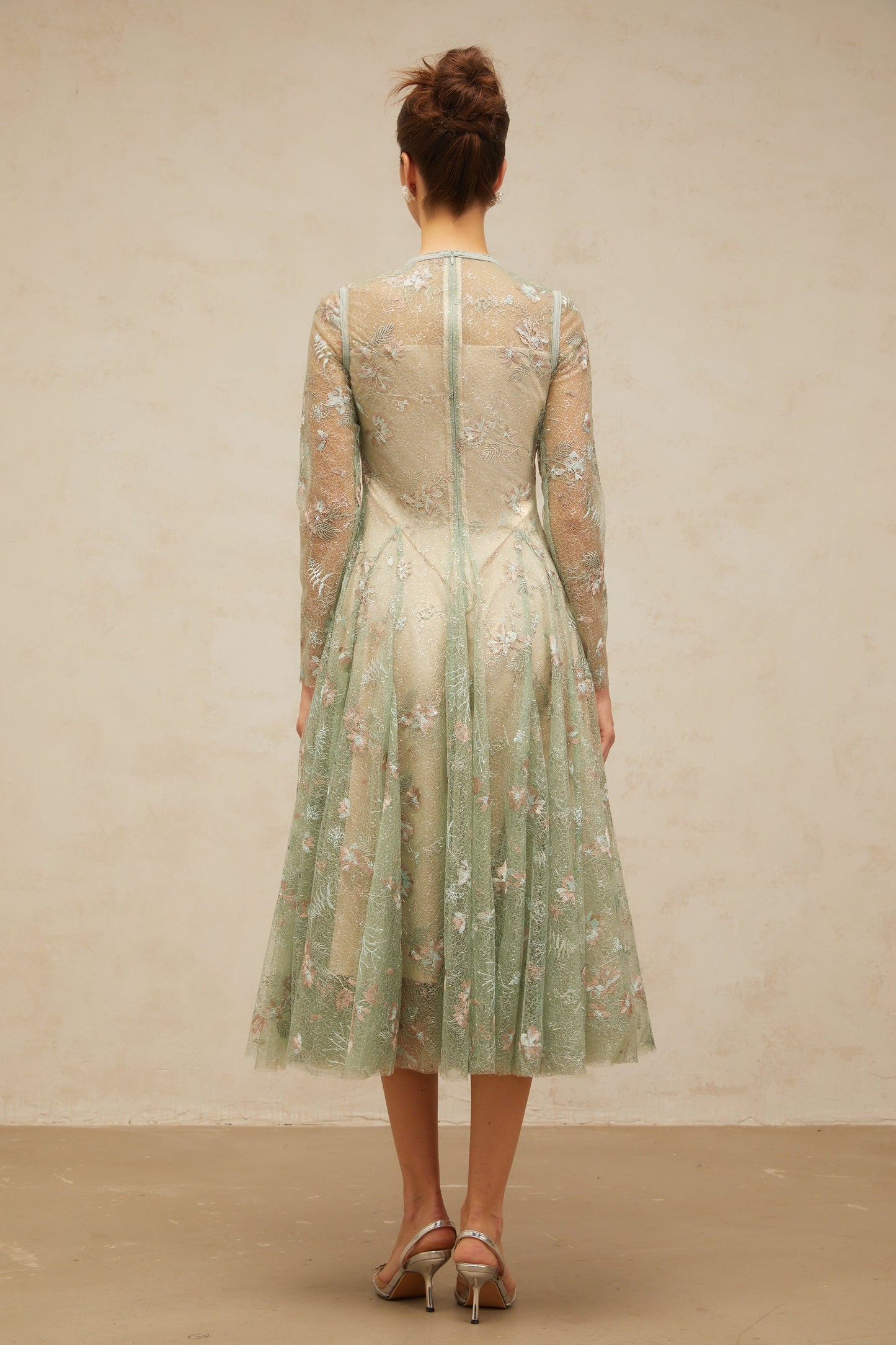 Philomène green flower-embroidery pleated midi dress