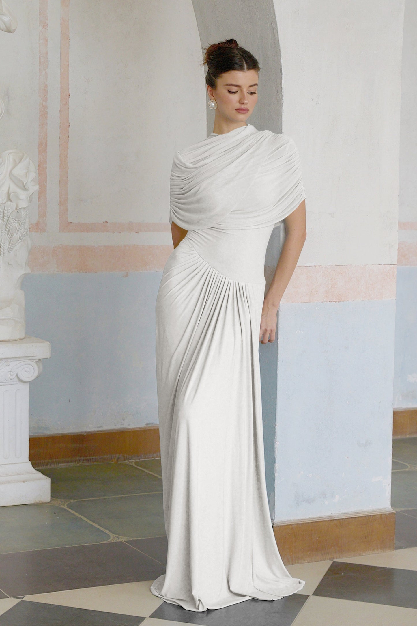 Catherine asymmetric pleated maxi dress in White