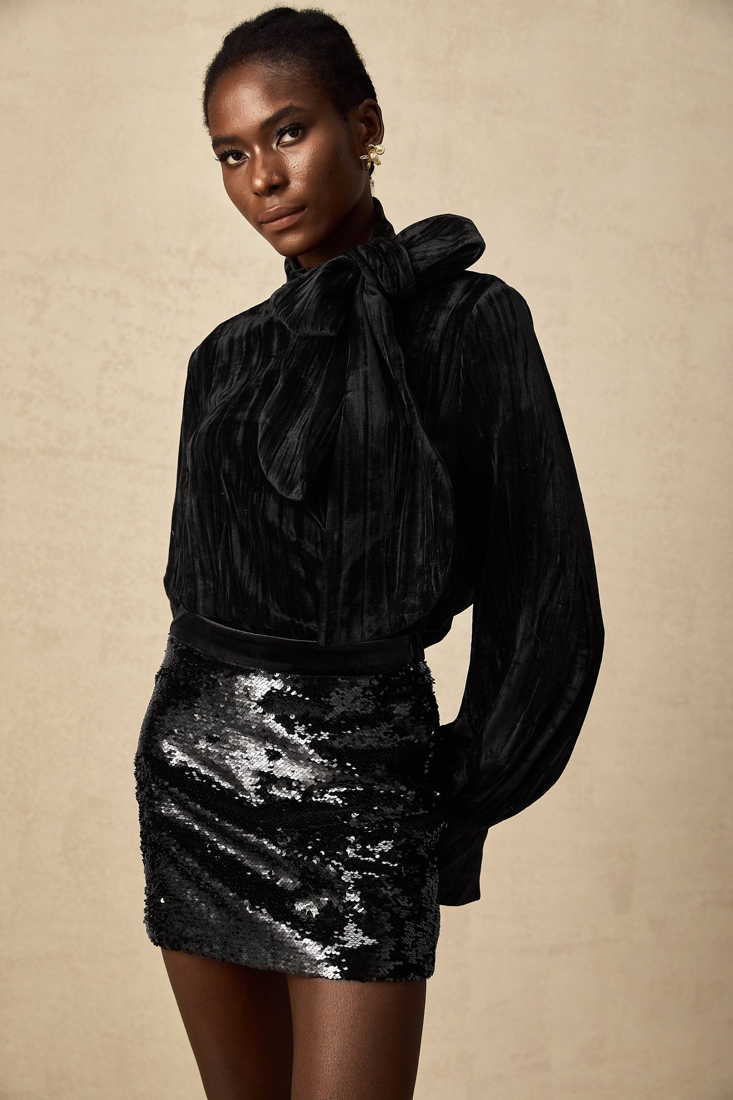 Aude sequined velvet blouse & skirt matching set