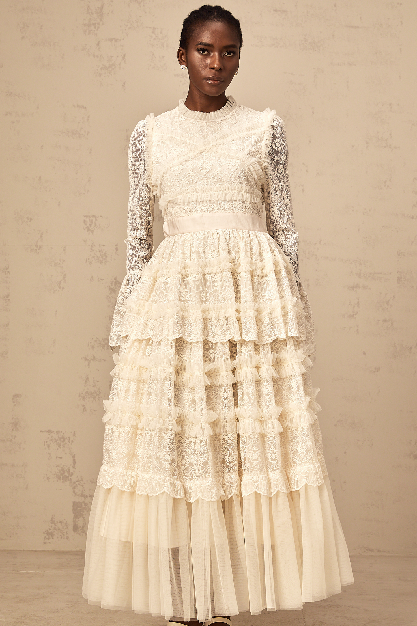 Agnès neutrals lace-panel ruffled tulle maxi dress