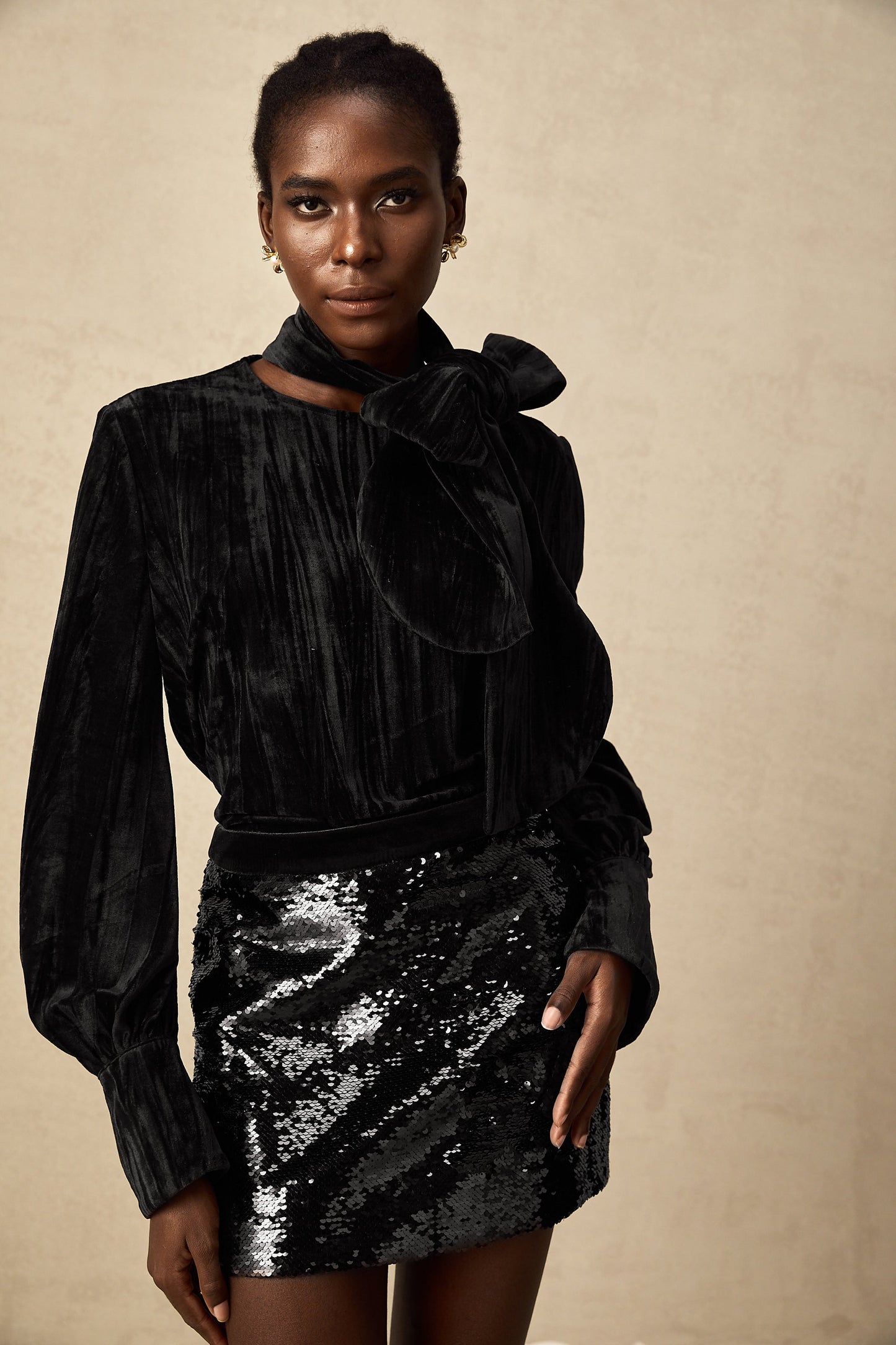 Aude sequined velvet blouse & skirt matching set