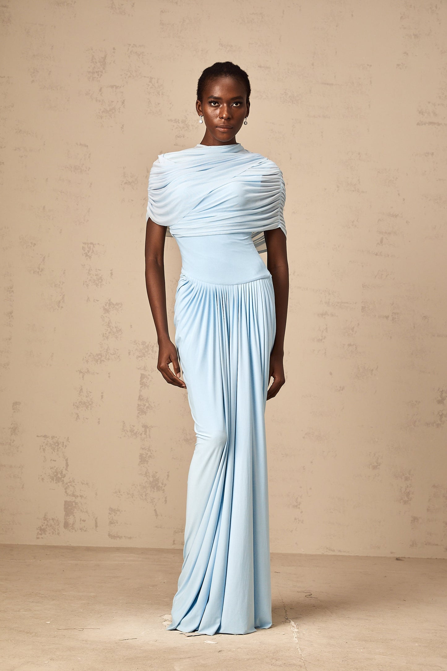 Catherine asymmetric pleated maxi dress in Baby-blue