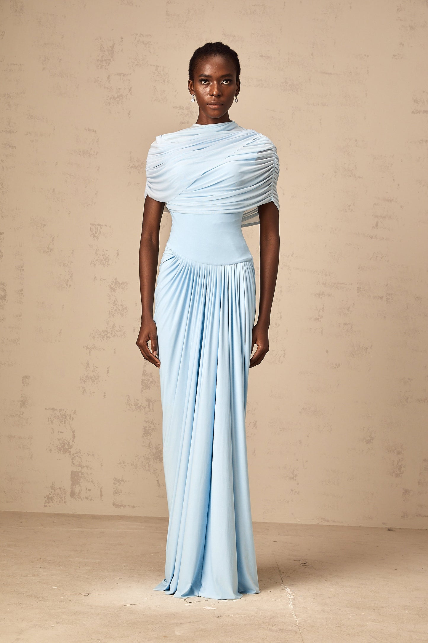 Catherine asymmetric pleated maxi dress in Baby-blue