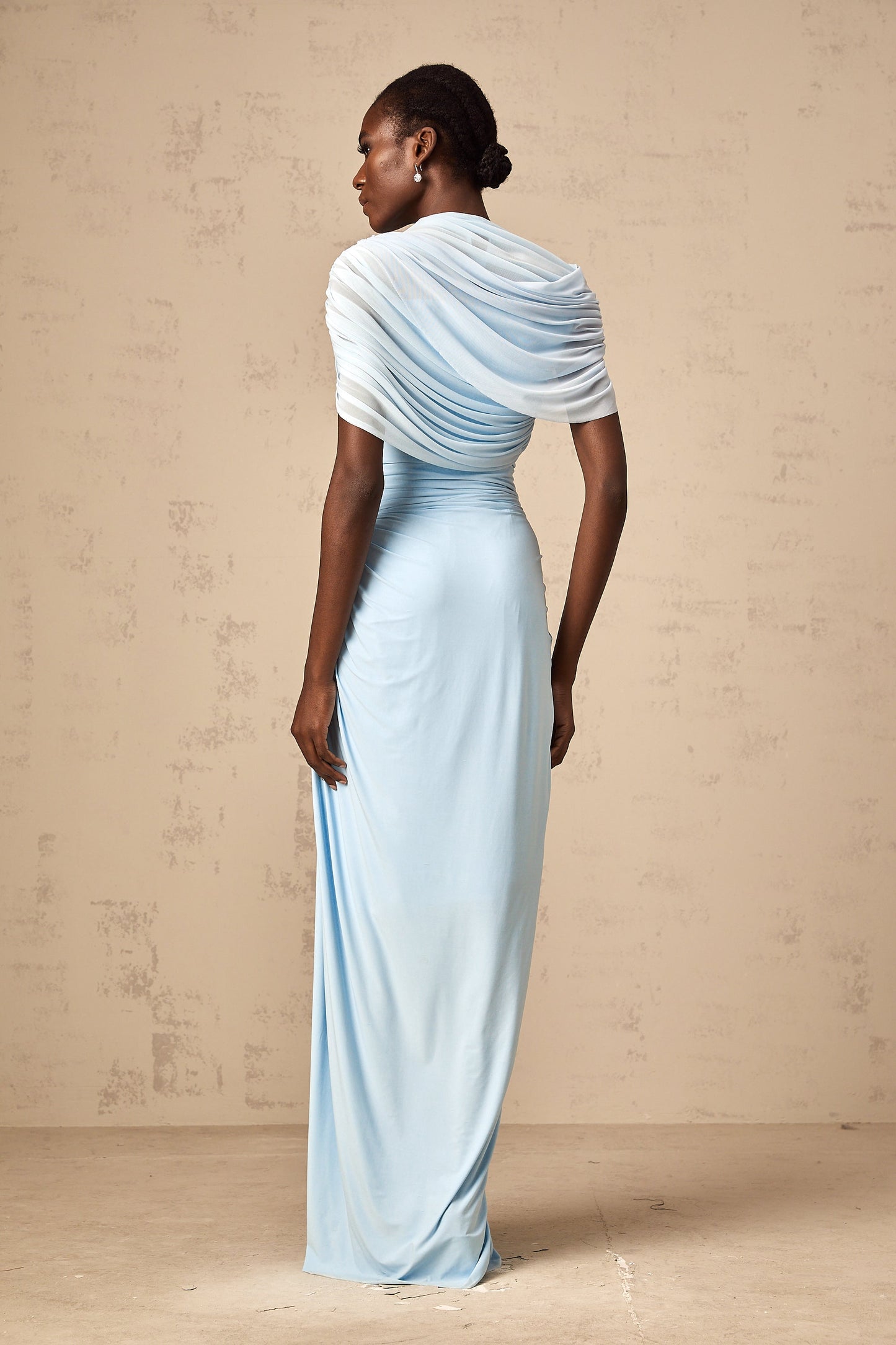 Catherine asymmetric pleated maxi dress in Baby-blue