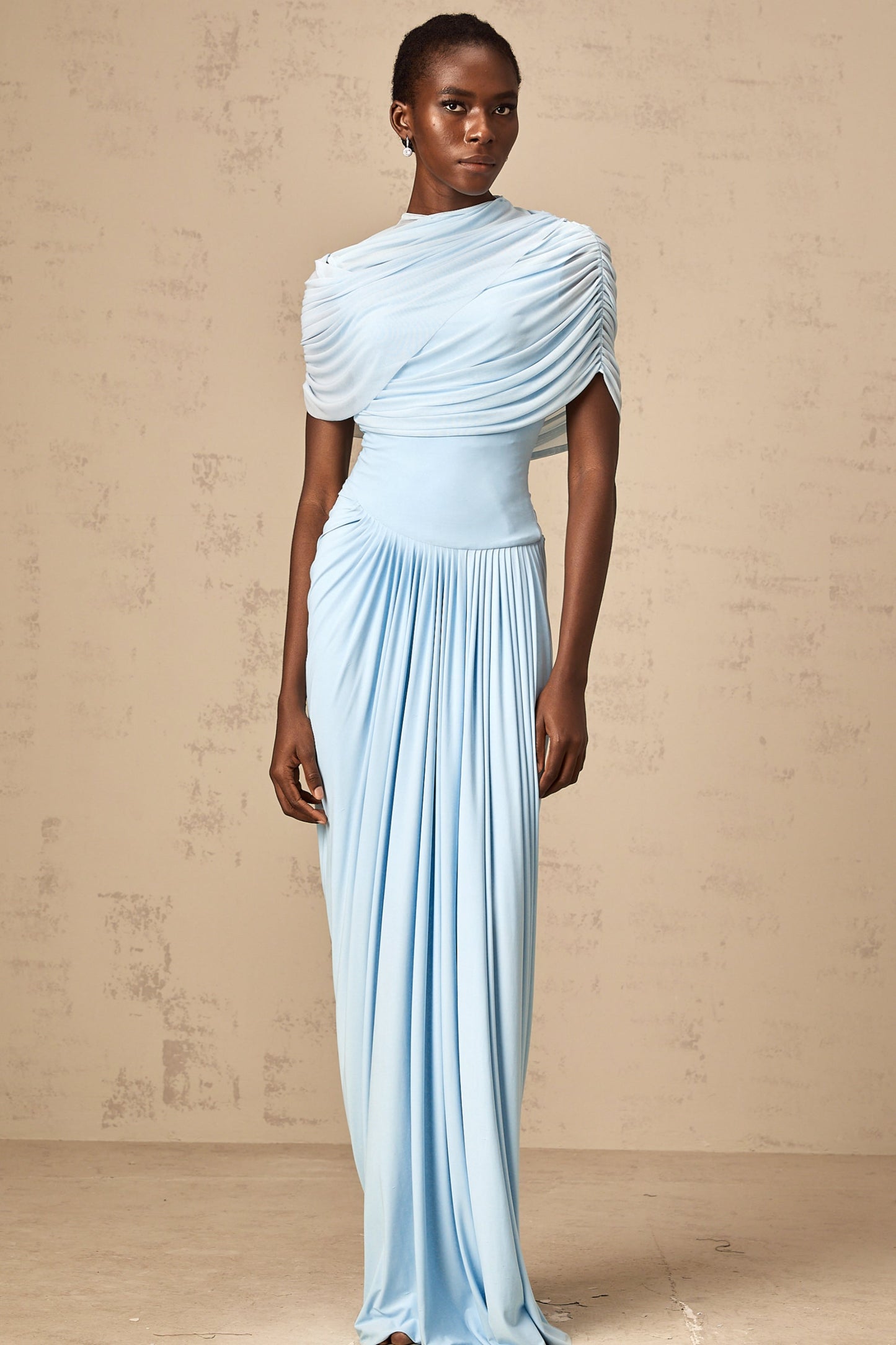 Catherine asymmetric pleated maxi dress in Baby-blue