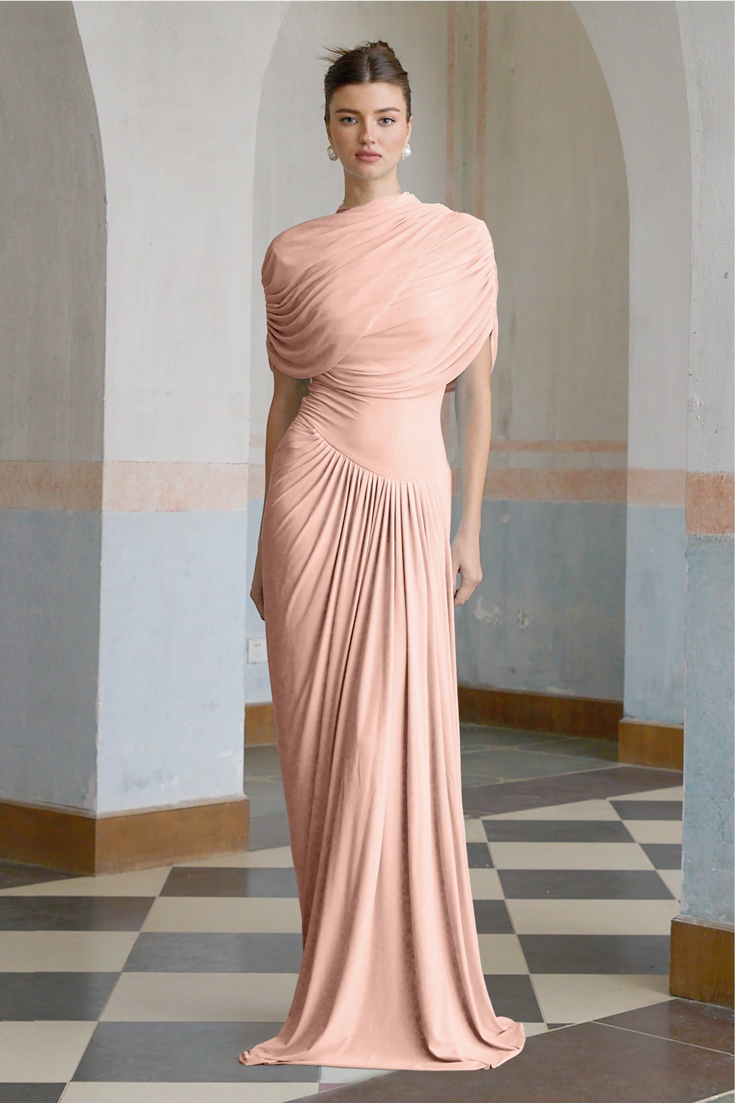 Catherine asymmetric pleated maxi dress in Pink