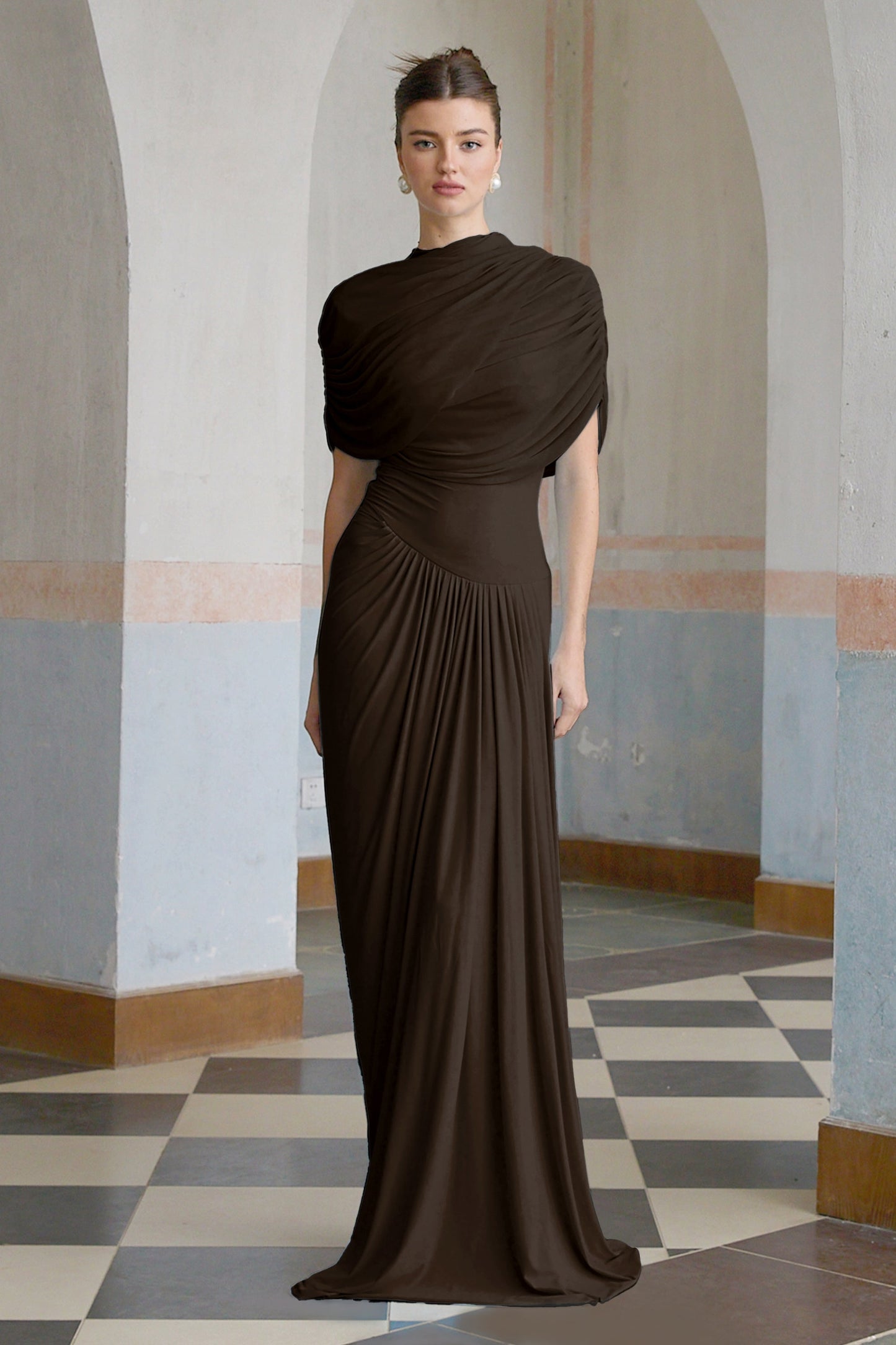 Catherine asymmetric pleated maxi dress in Brown
