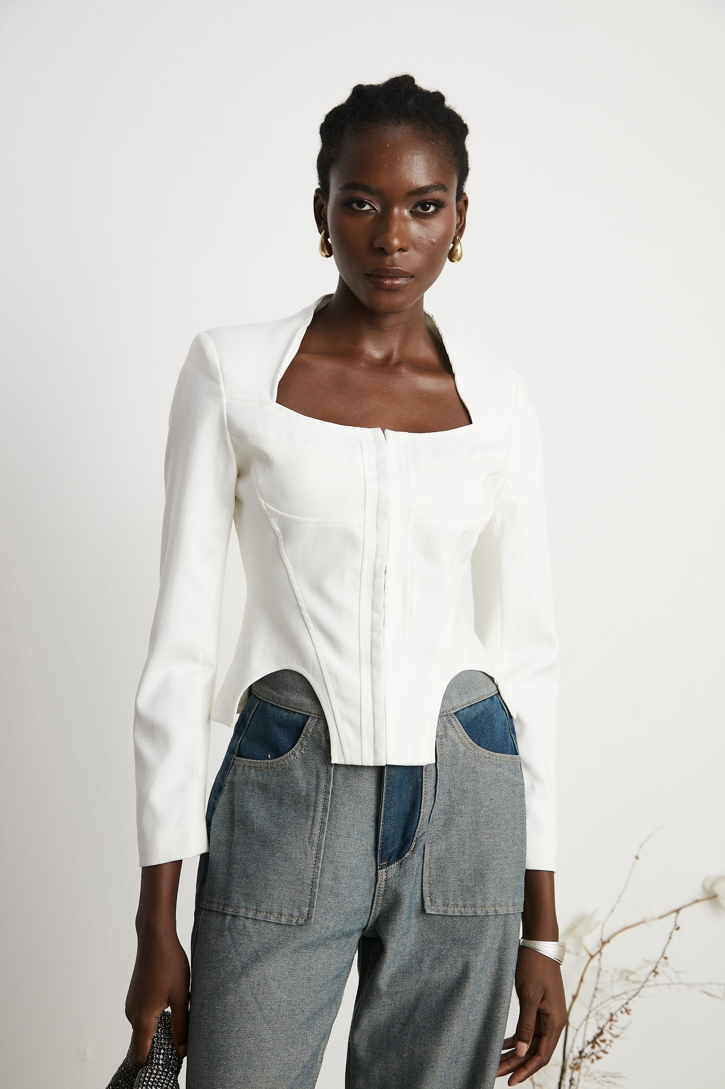 Yvette white long-sleeved corset top