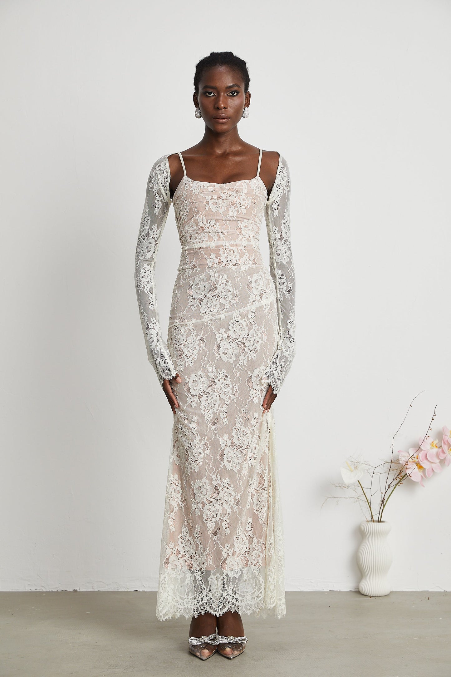 Valérie white floral lace mesh maxi dress