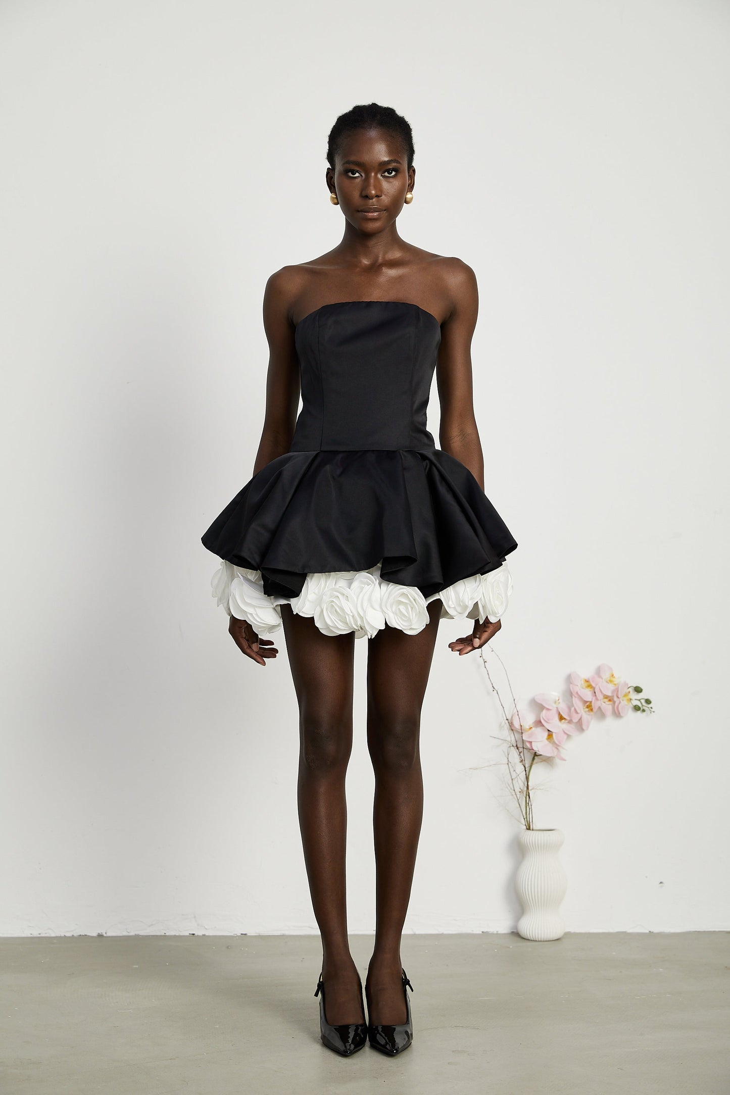 Lucie black petal-layered strapless corset mini dress (US Only)