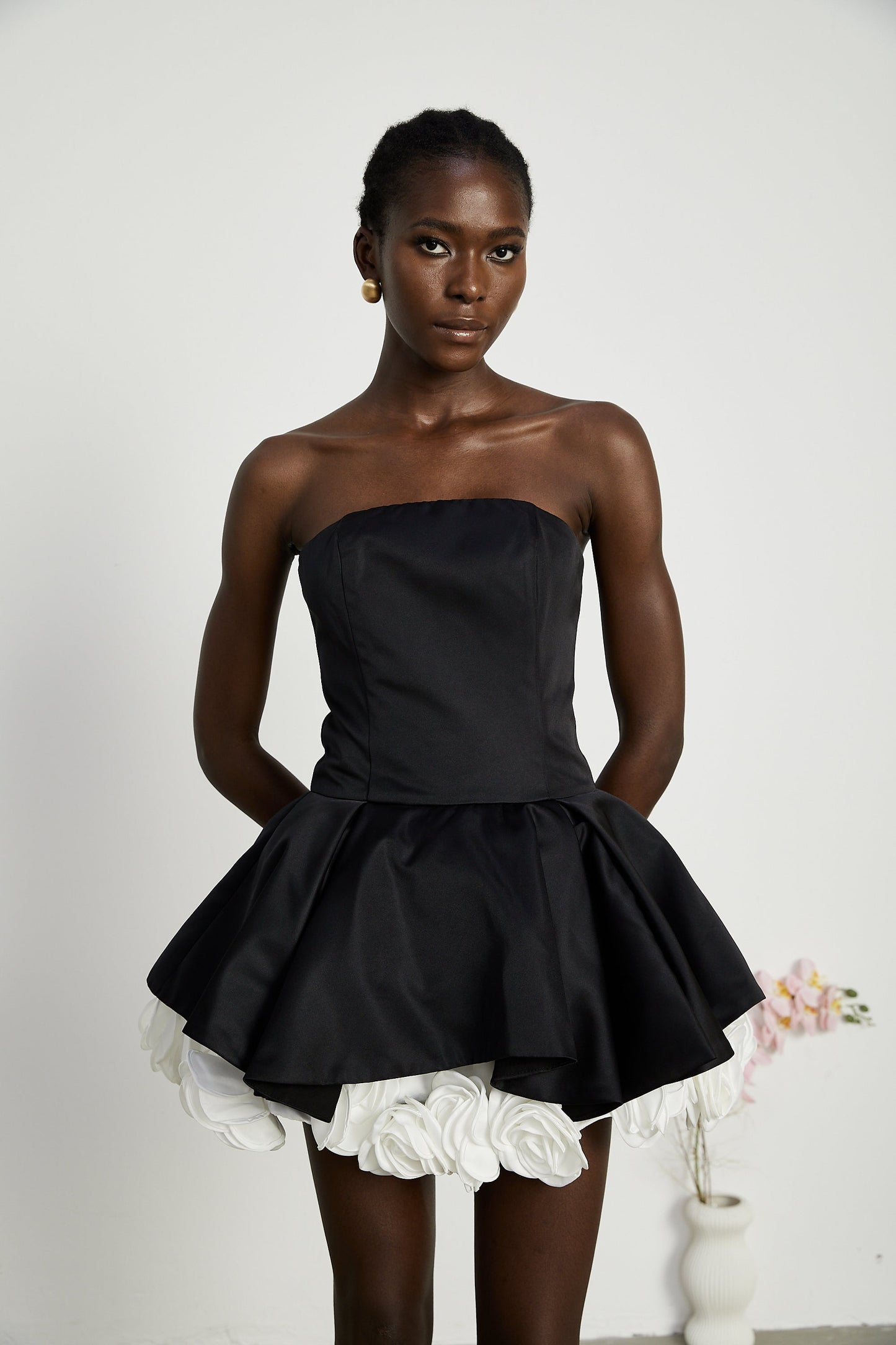 Lucie black petal-layered strapless corset mini dress (US Only)