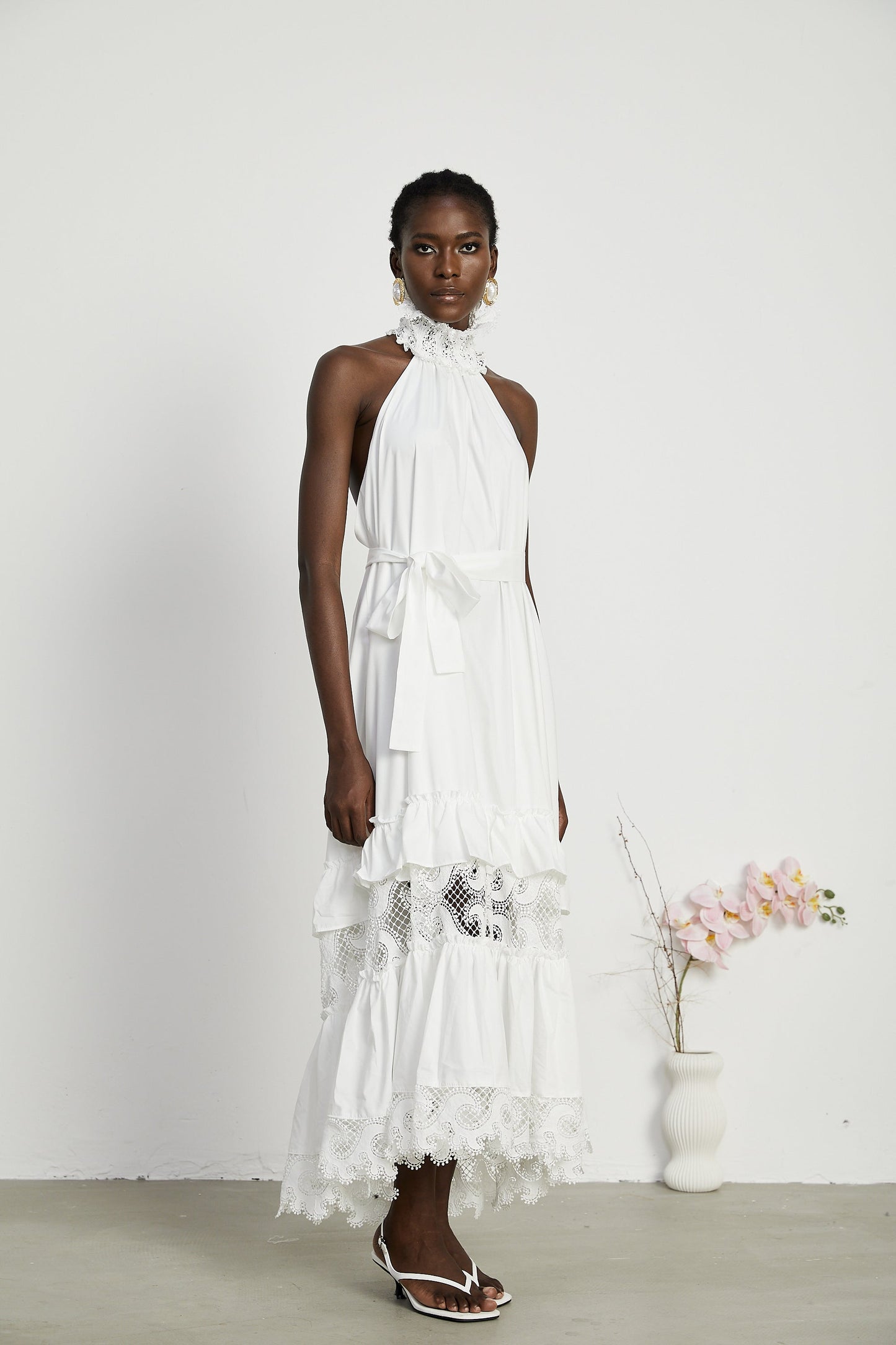 Neri white guipure-lace midi dress
