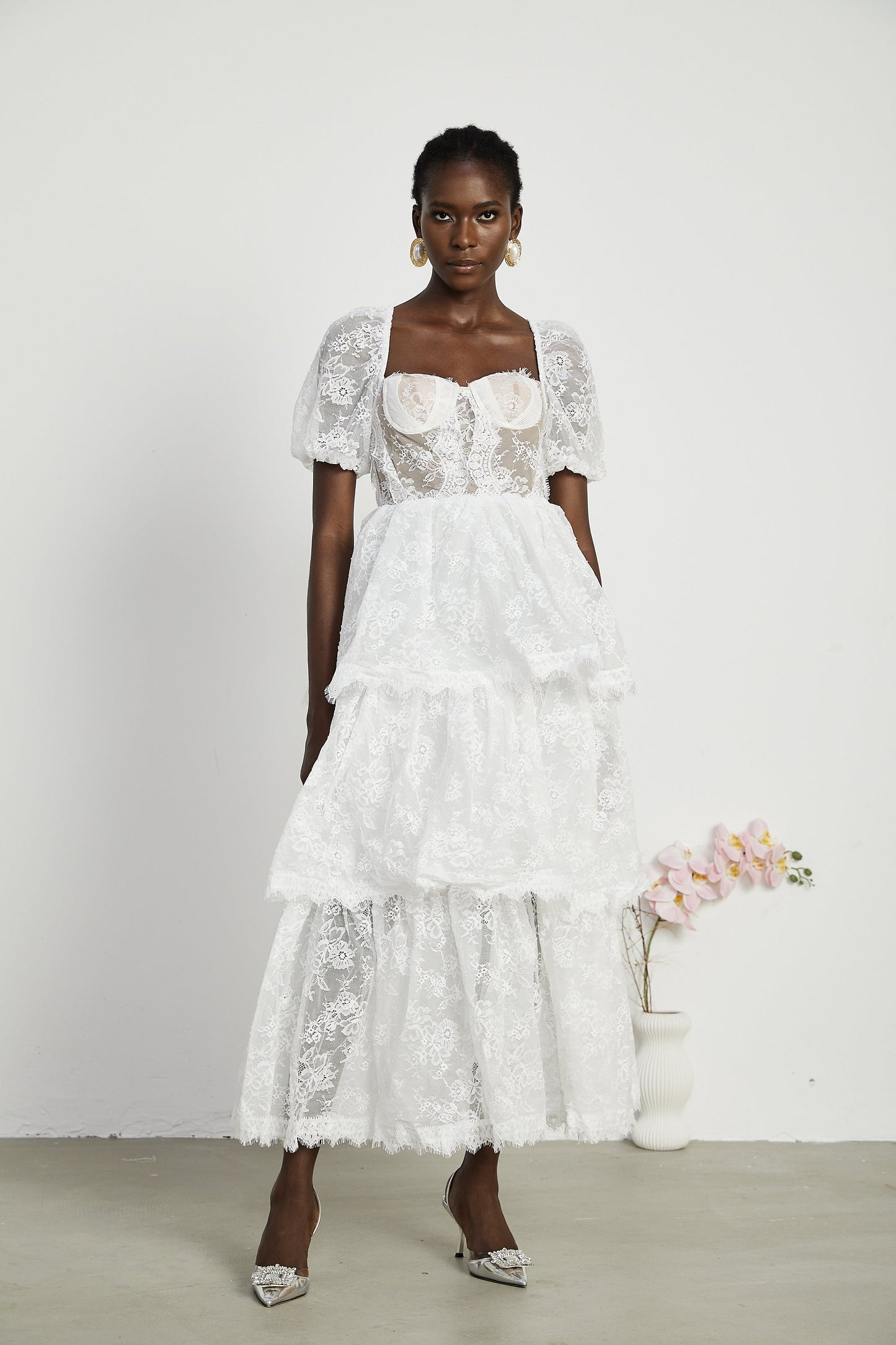 Mélisande white lace tiered maxi dress
