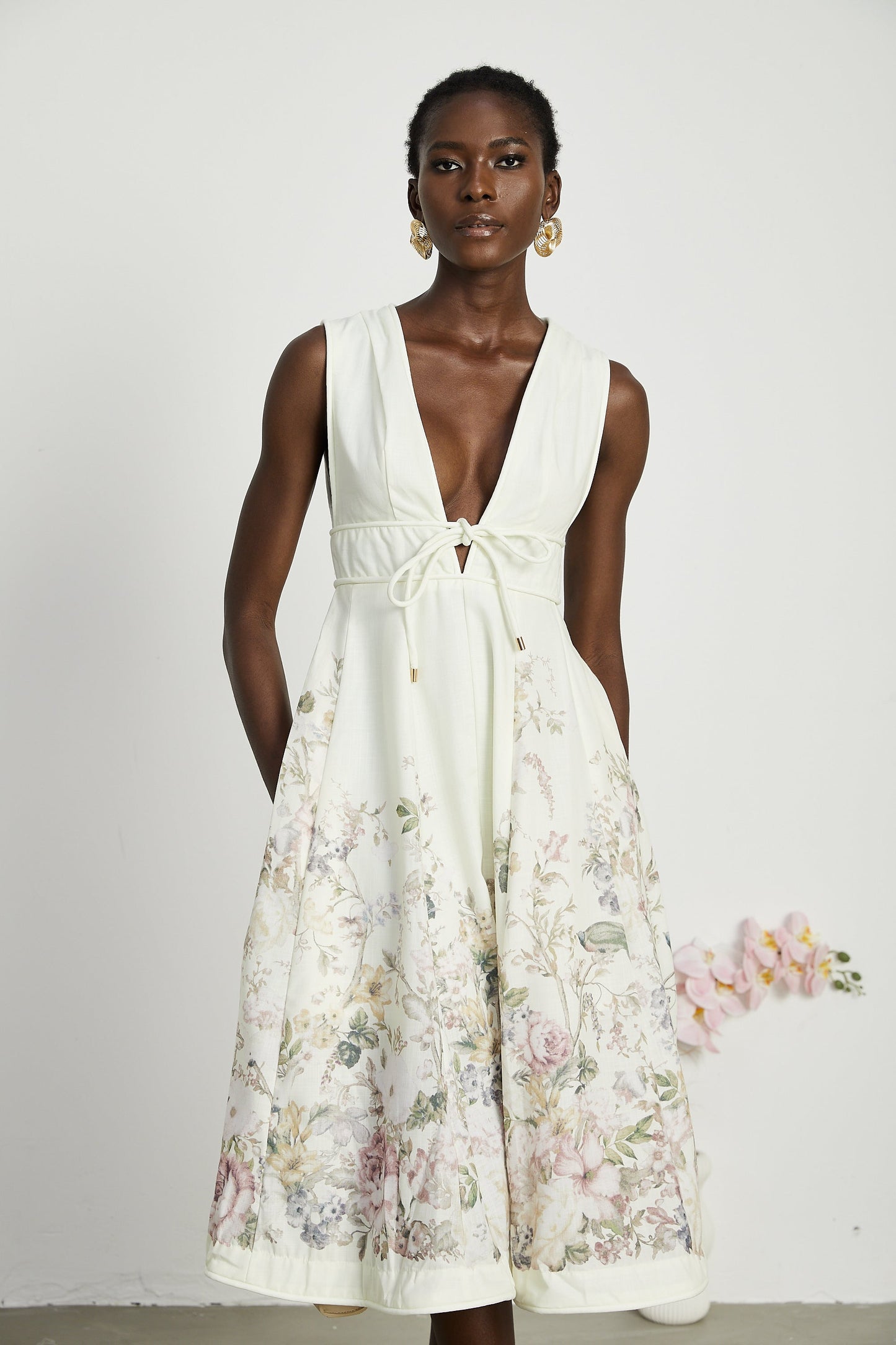 Sonia floral-print sleeveless midi dress in White (US Only)