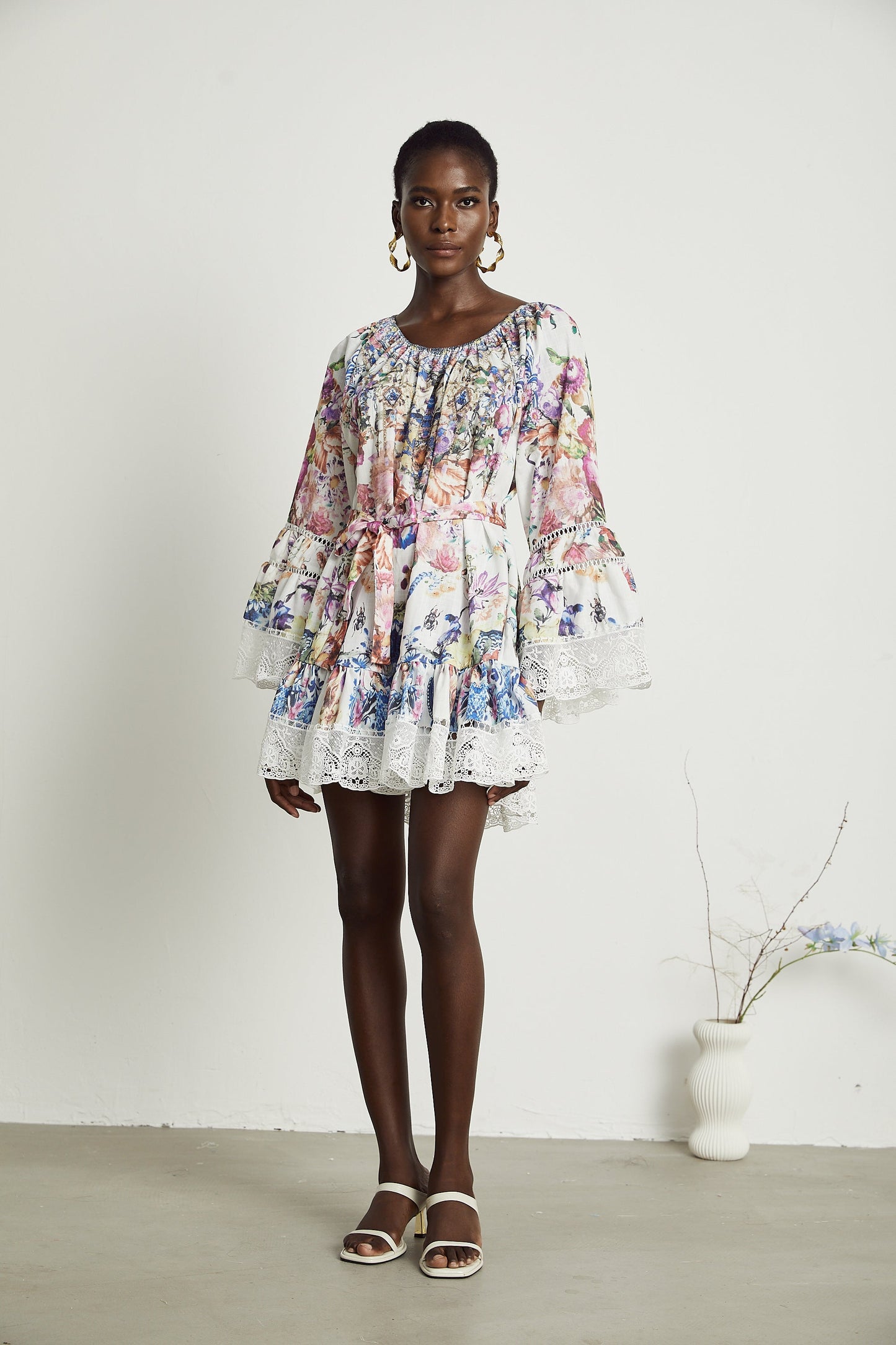 Bérénice floral-print lace trim mini dress