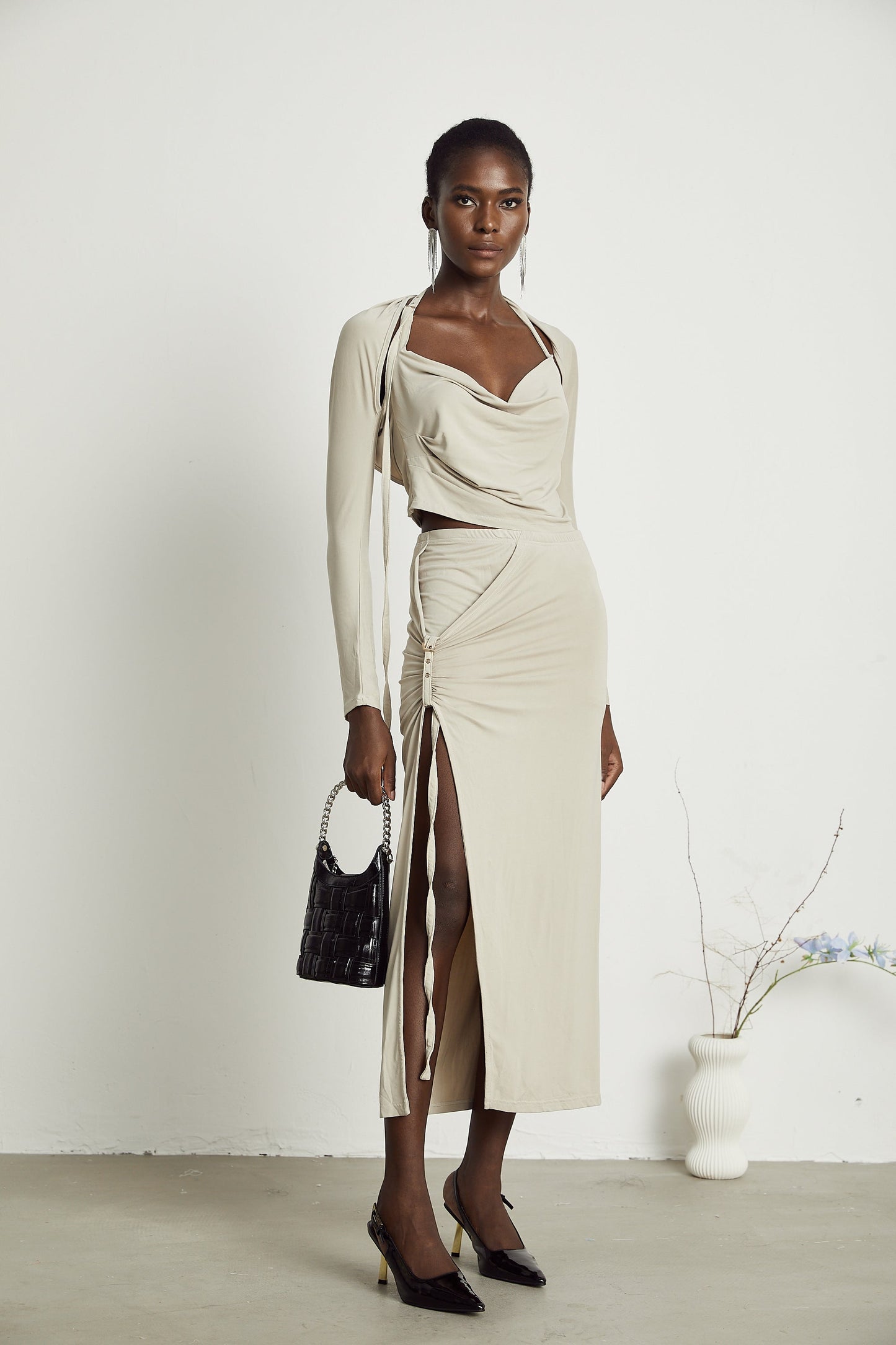 Lanetta khaki jersey top & skirt matching set
