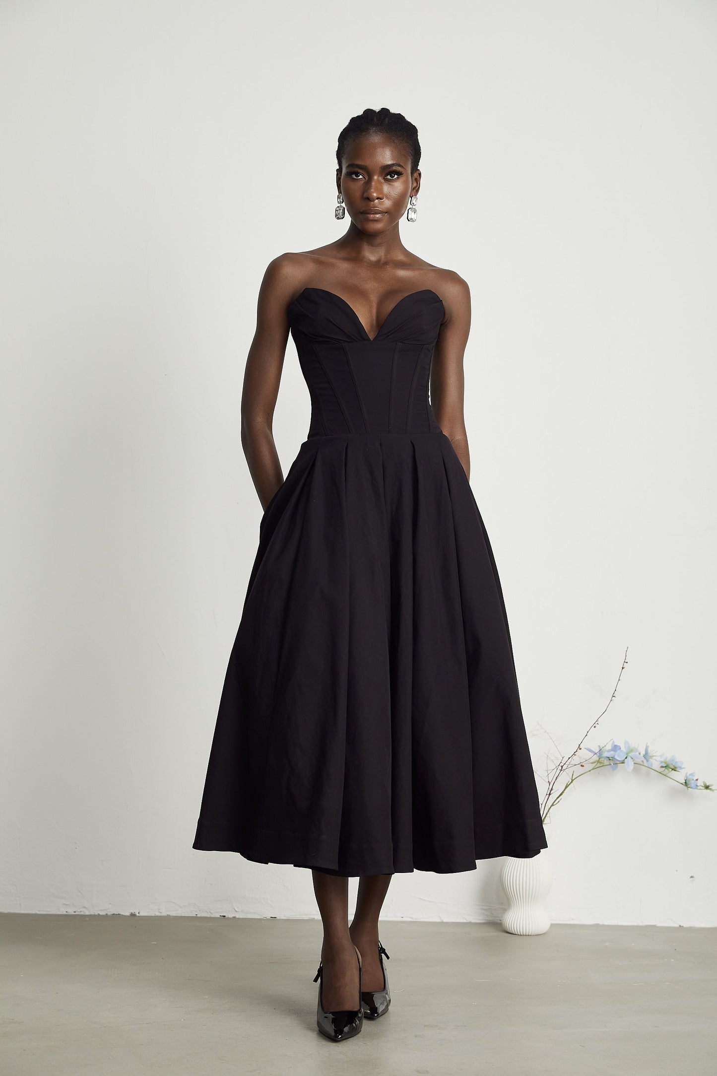 Katherine off-shoulder corset midi dress in Black (US Only)