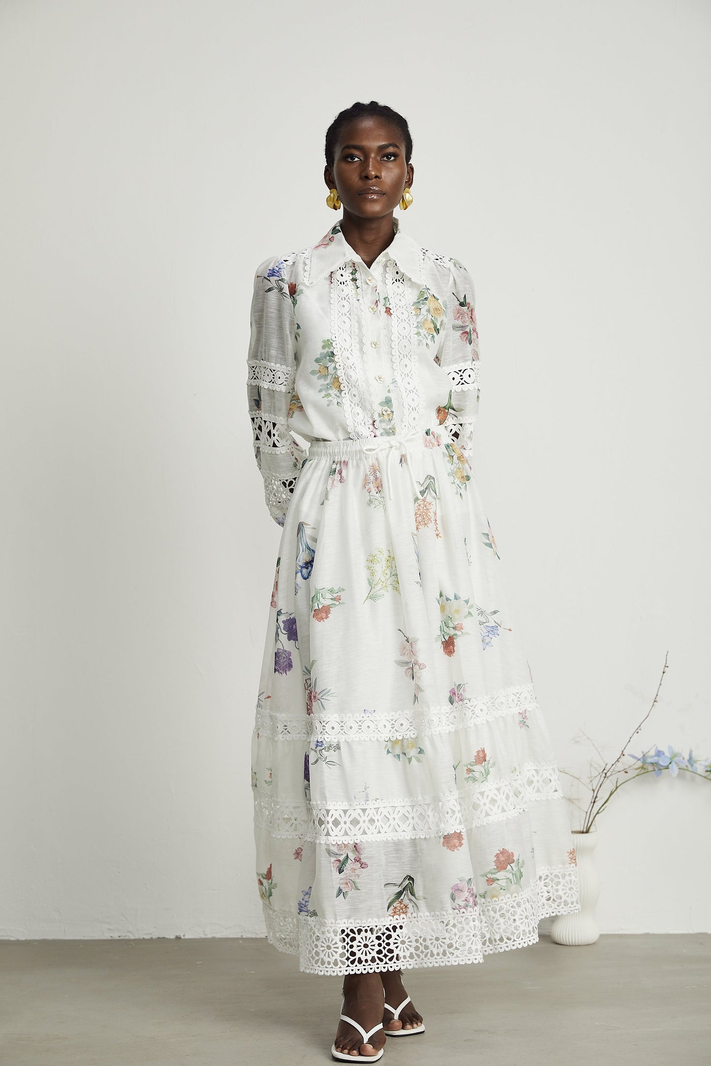 Manon floral-print cut-out shirt & skirt matching set