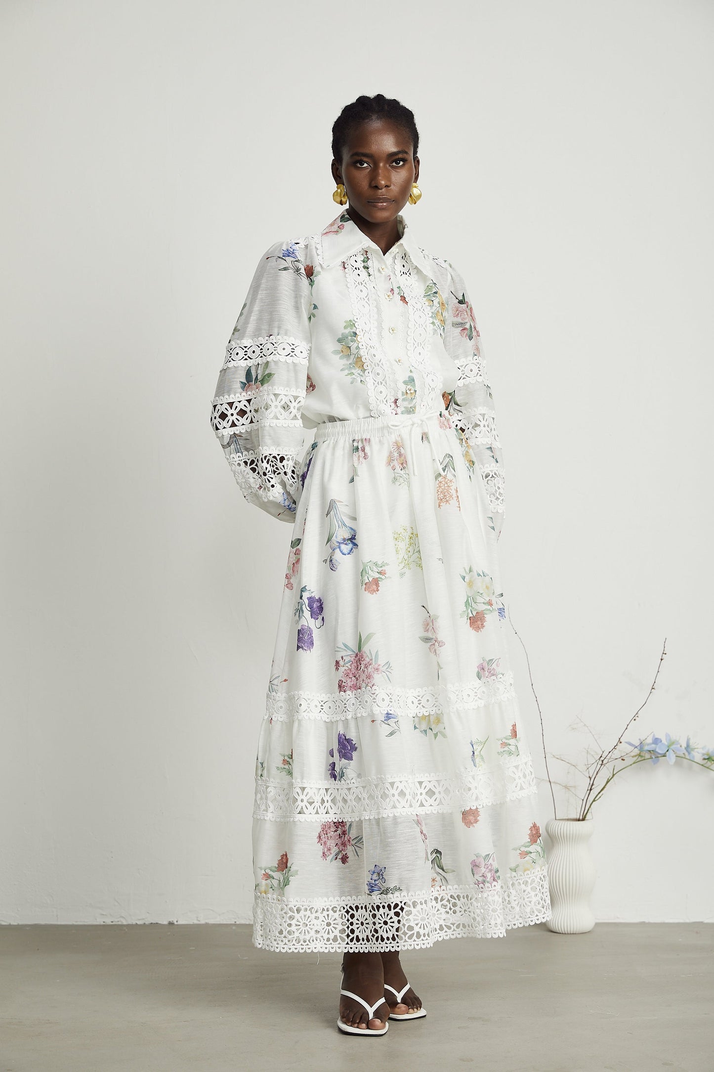 Manon floral-print cut-out shirt & skirt matching set