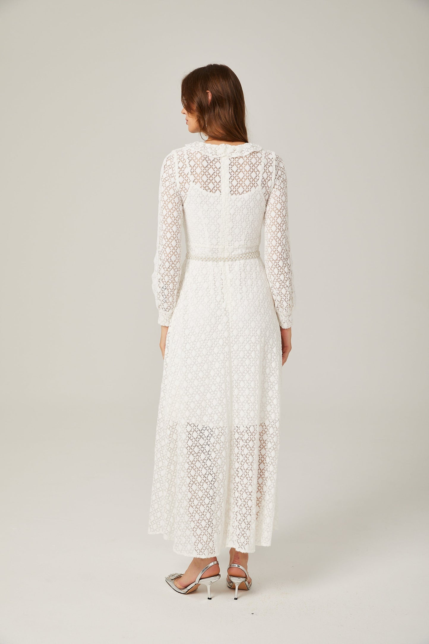 Aélis faux-pearl embellished lace-trim midi dress