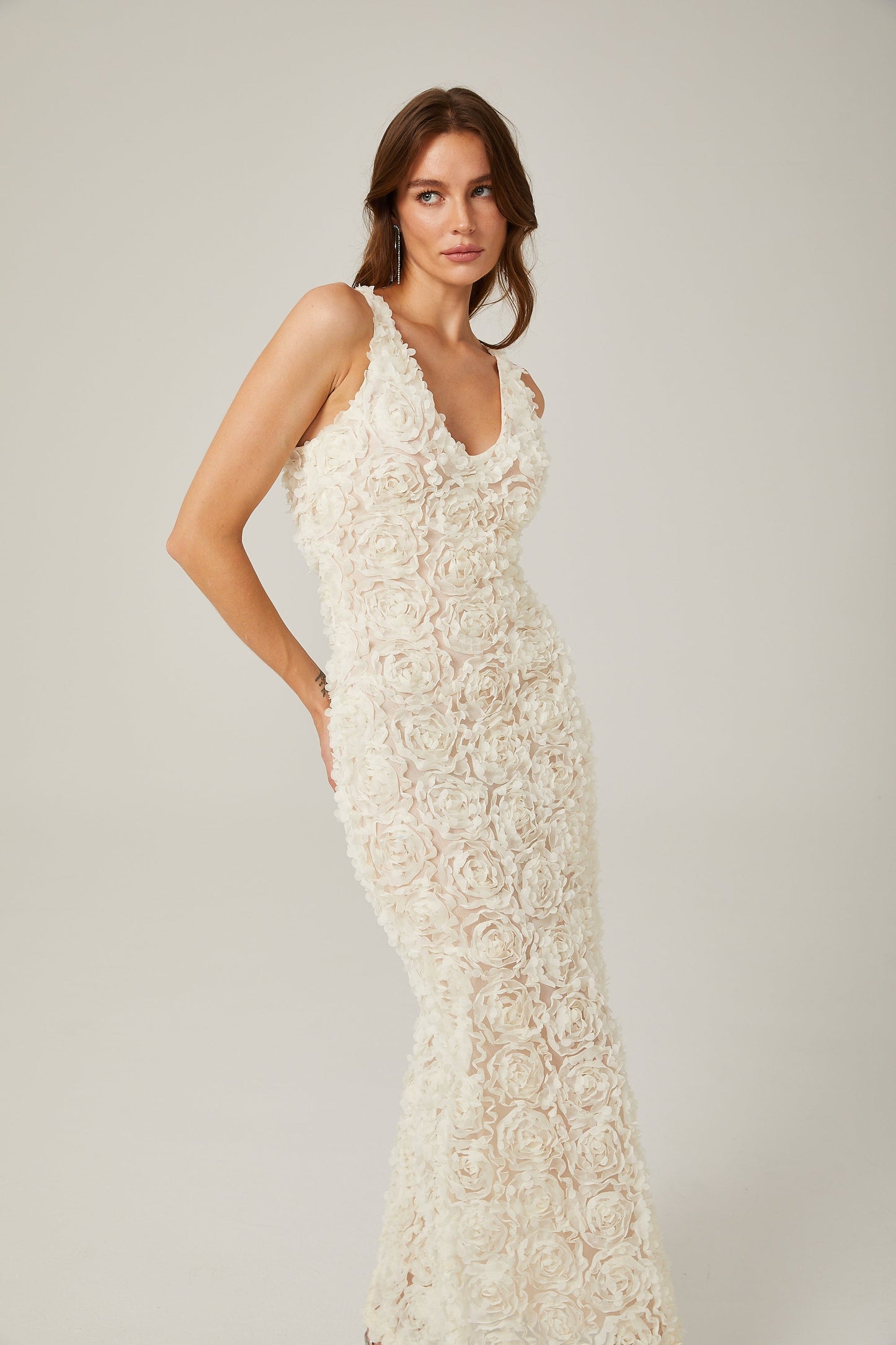 Sylvie faux-flower V-neck maxi dress in Neutrals