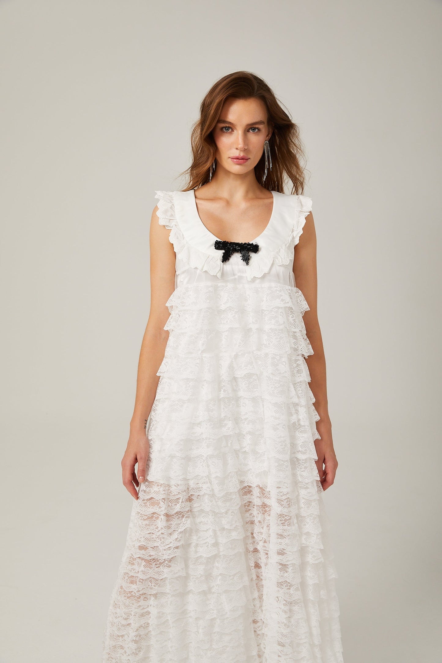 Alora white lace-trim tiered maxi dress