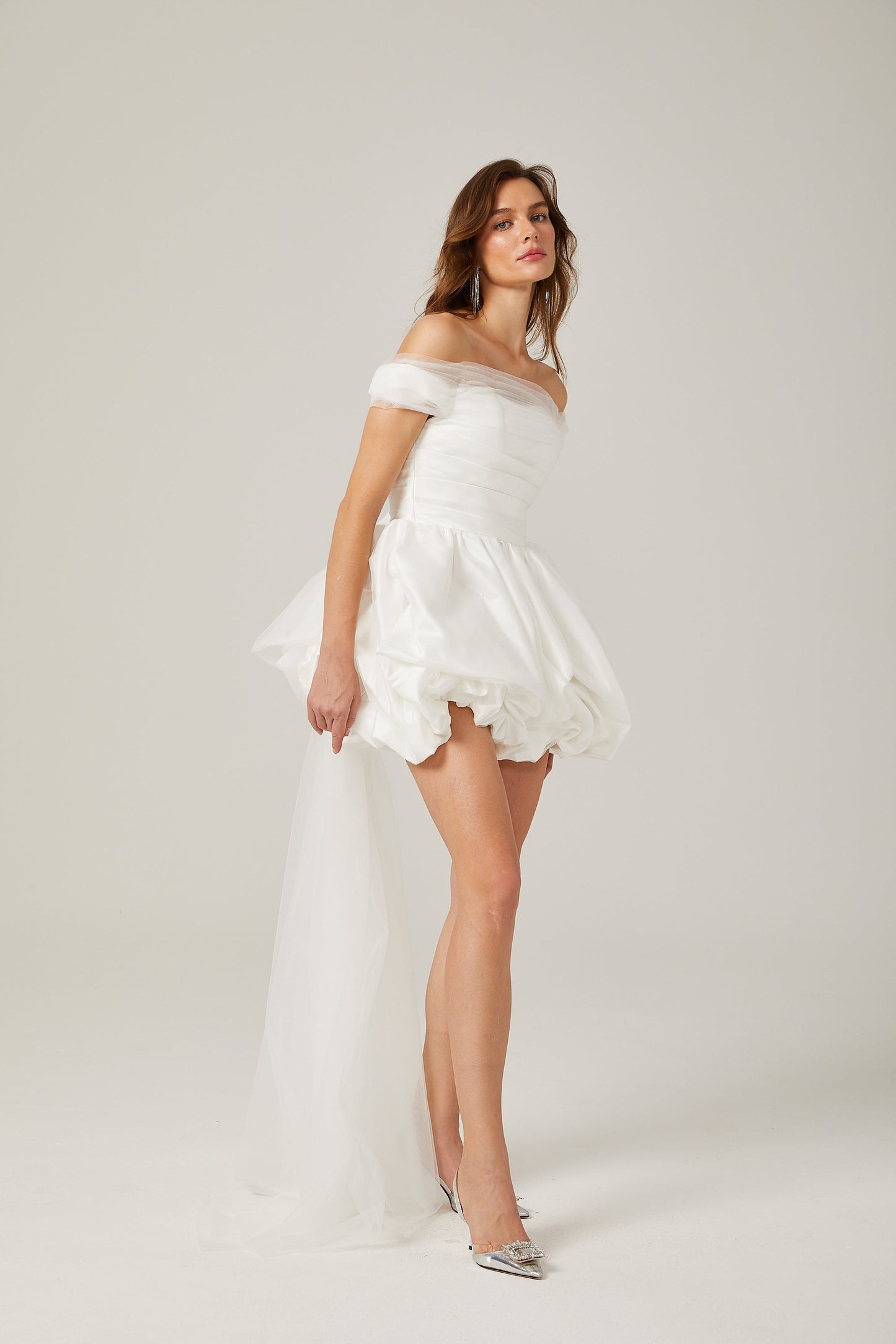 Aurore white off-shoulder bowknot mini dress