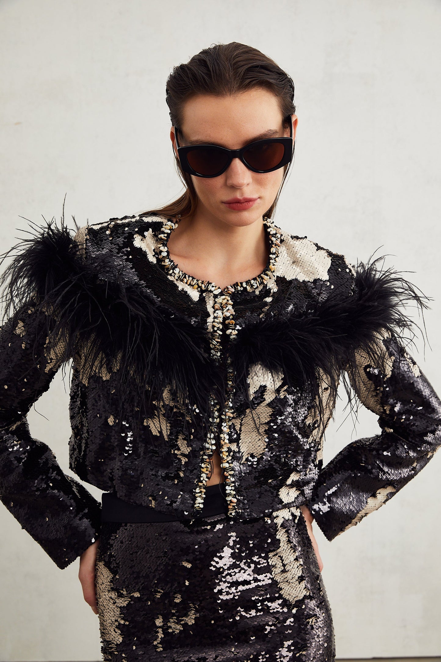 Magali feather-embellished sequin short jacket