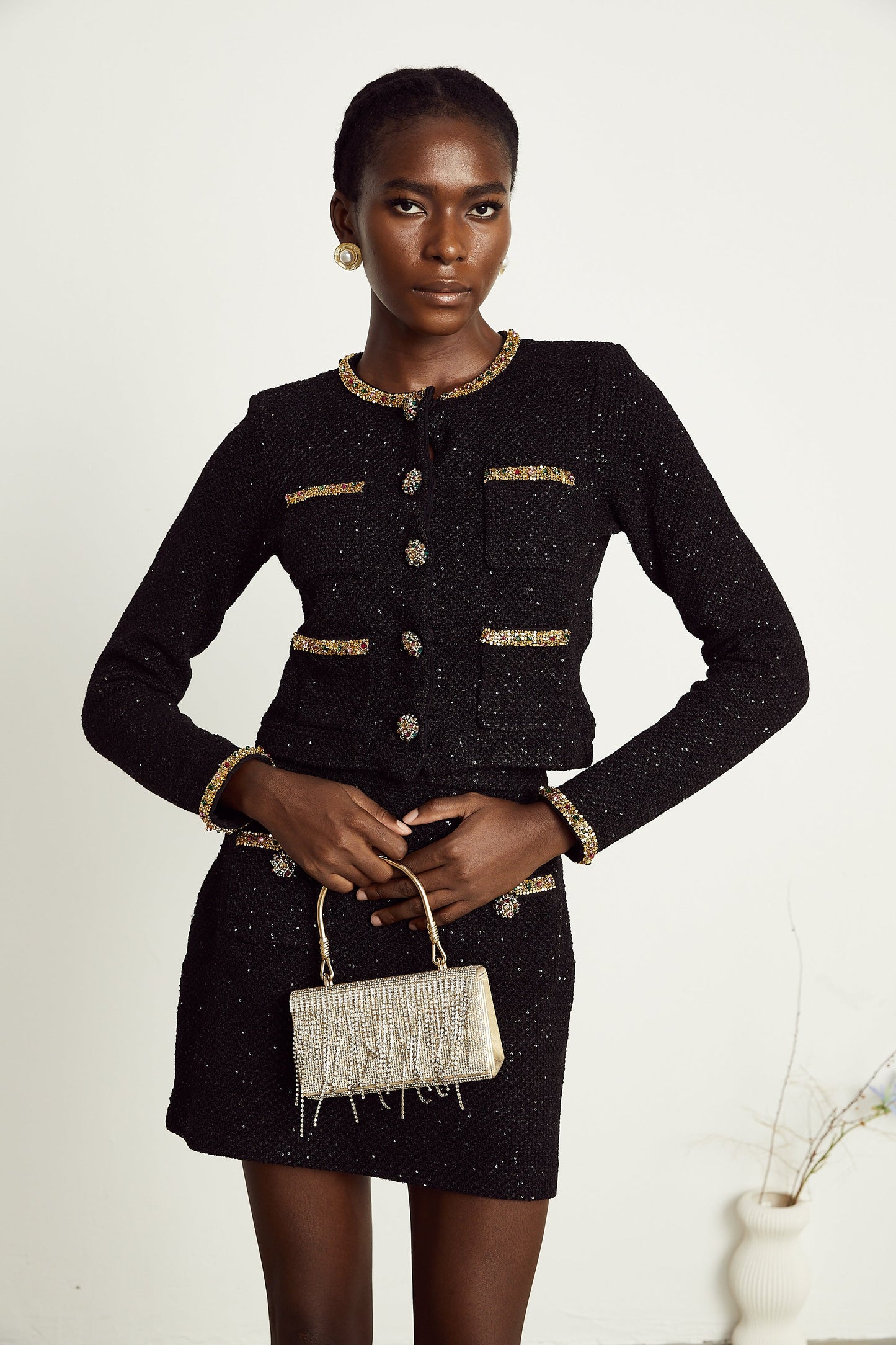 Ariane black sequined tweed jacket & skirt matching set