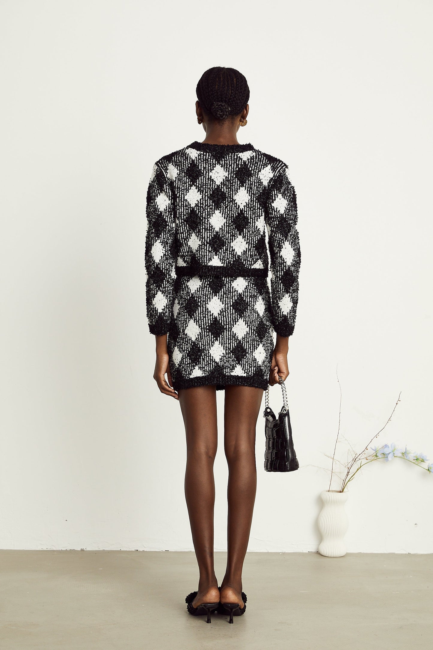 Cécile black argyle-check knit jacket & skirt matching set