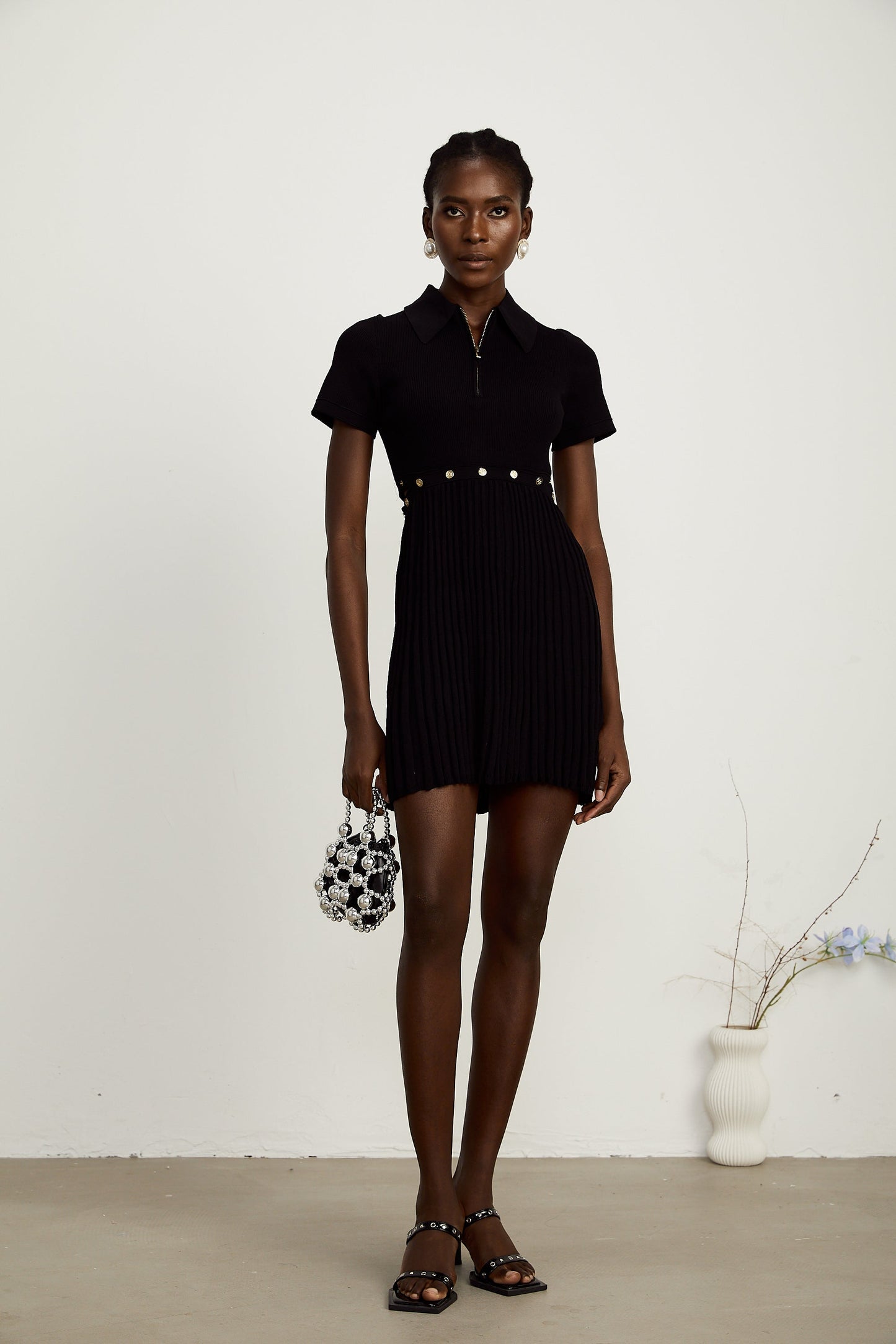 Coline black knitted pleated mini dress (US Only)