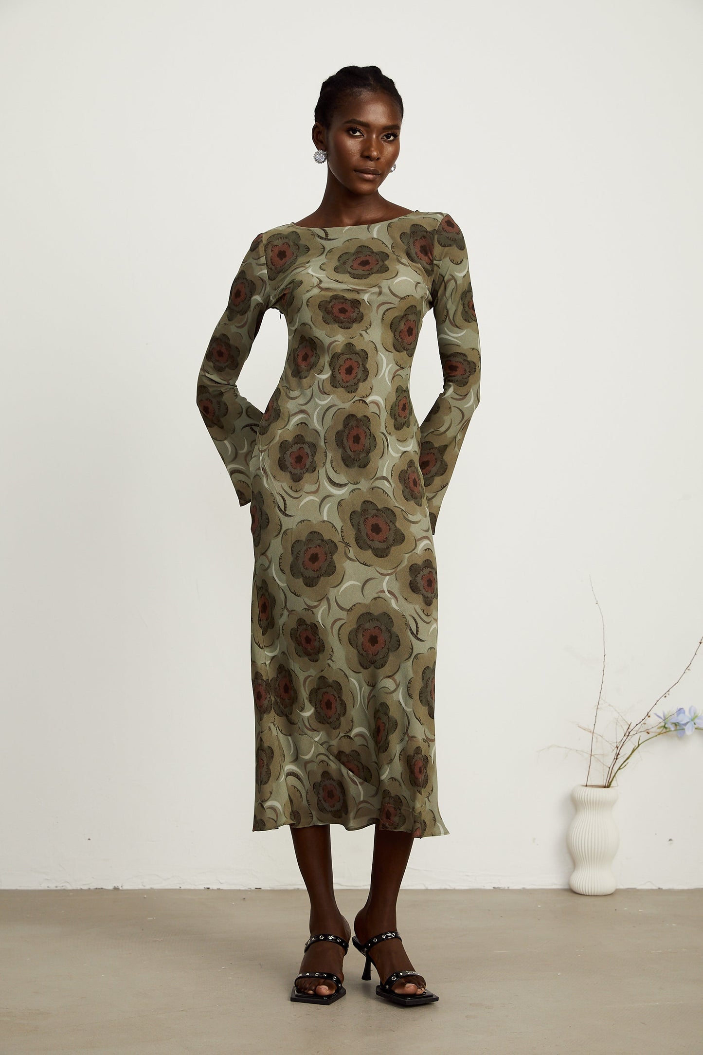 Hippolyte green-tone flower-motif midi dress