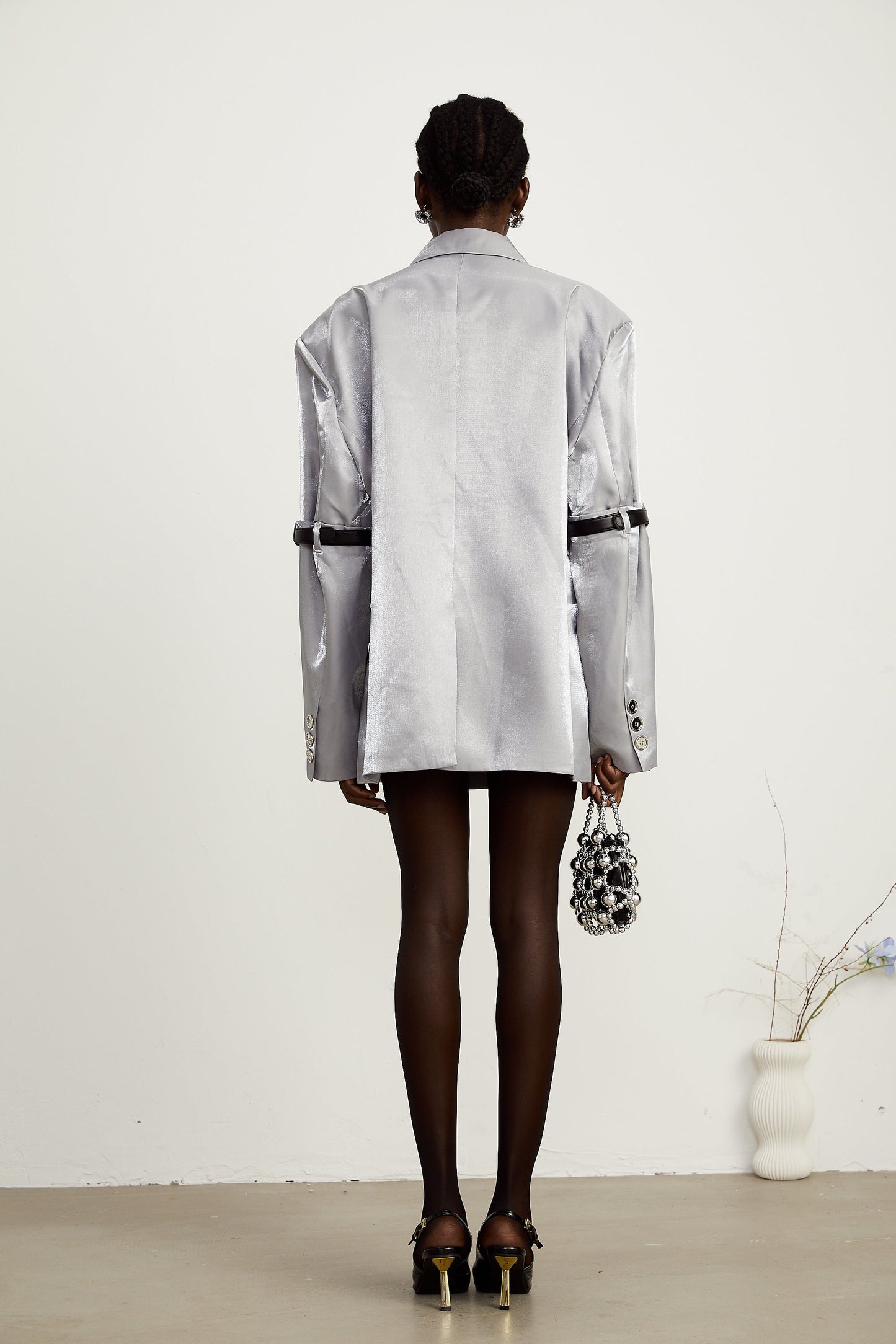 Gabrielle grey belted-arm metallic blazer (US Only)