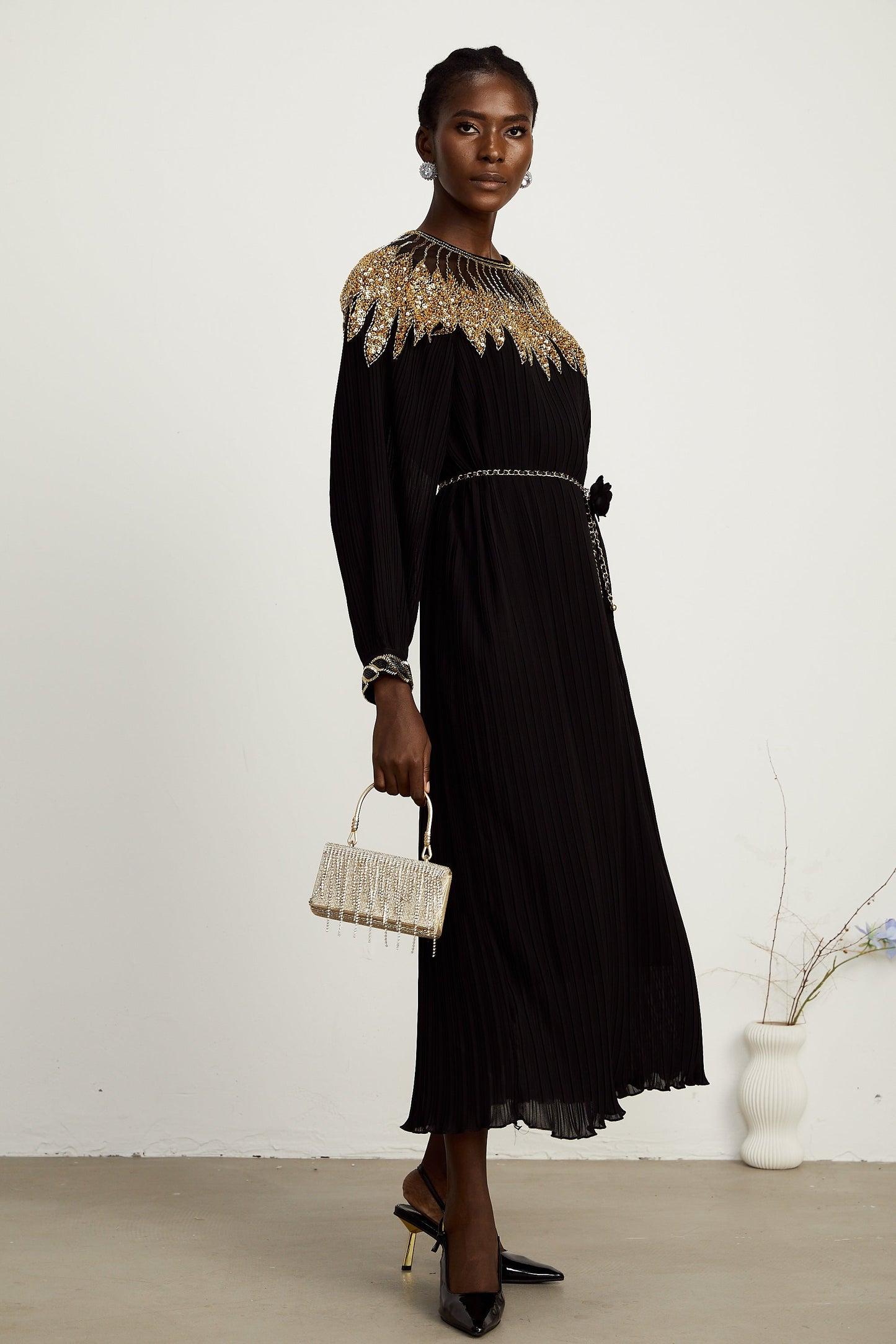 Hélène black sequin tulle-panel ribbed midi dress (US Only)