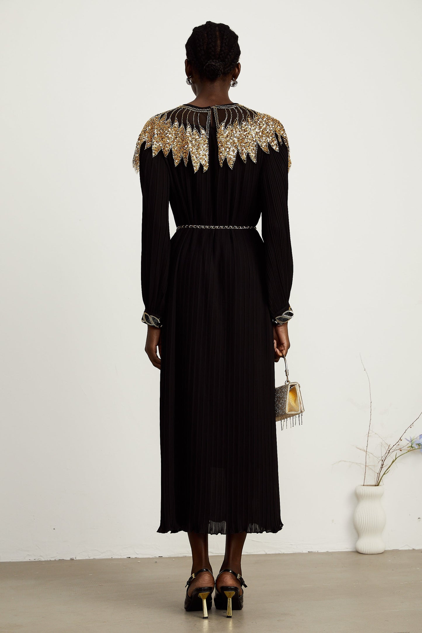 Hélène black sequin tulle-panel ribbed midi dress (US Only)