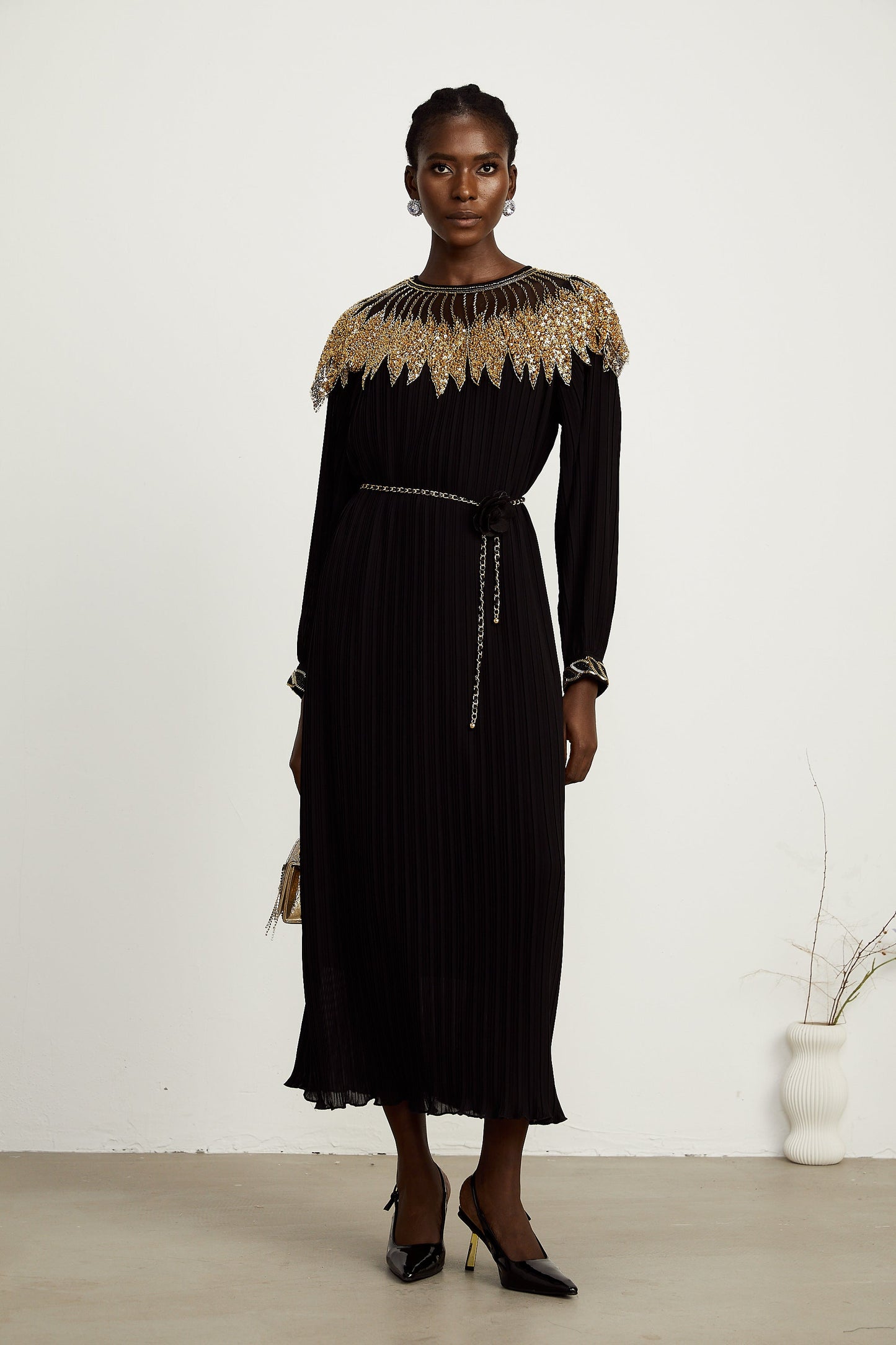 Hélène black sequin tulle-panel ribbed midi dress (US Only)