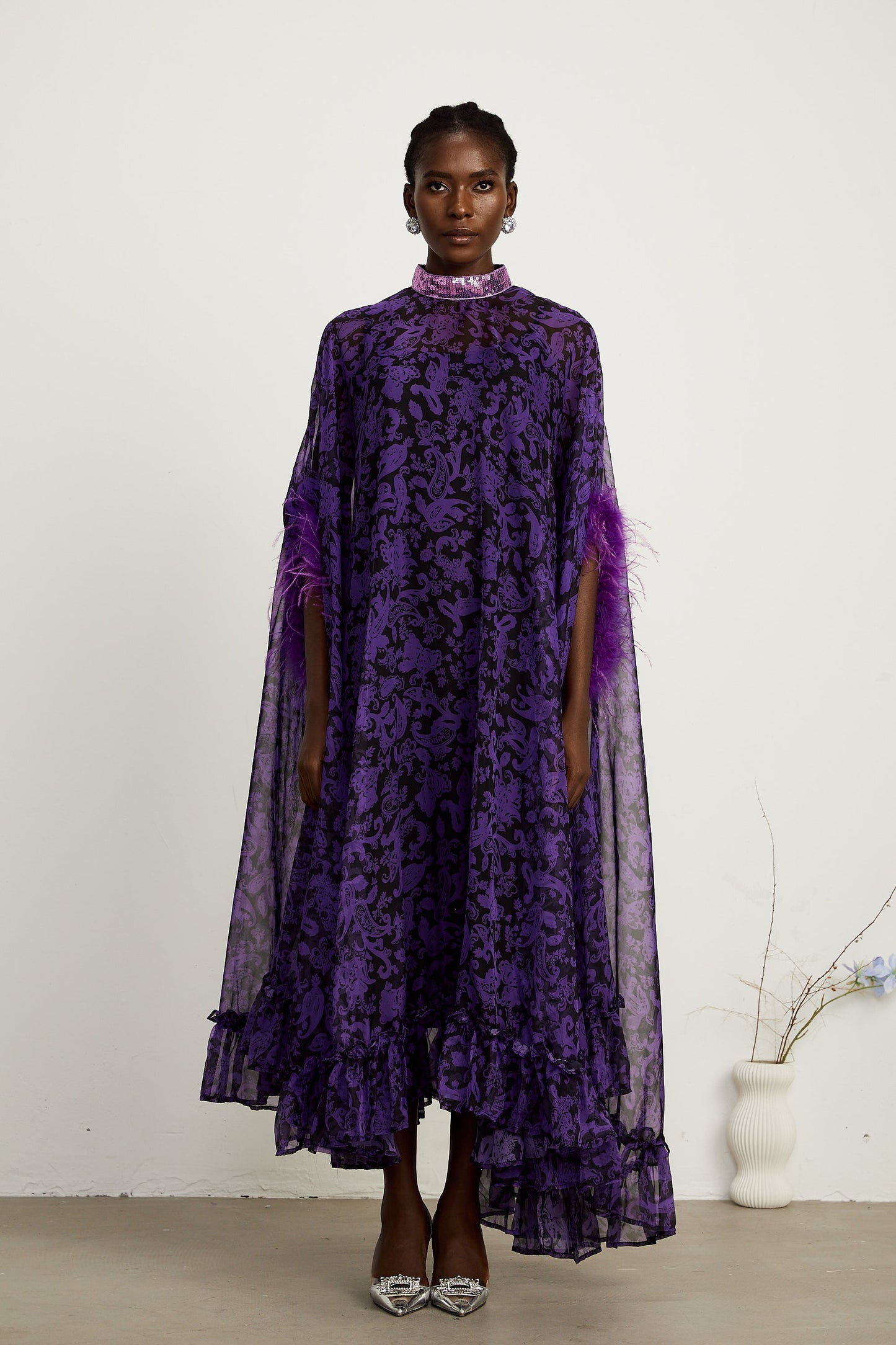 Lisette feather-trim batwing-sleeve maxi dress
