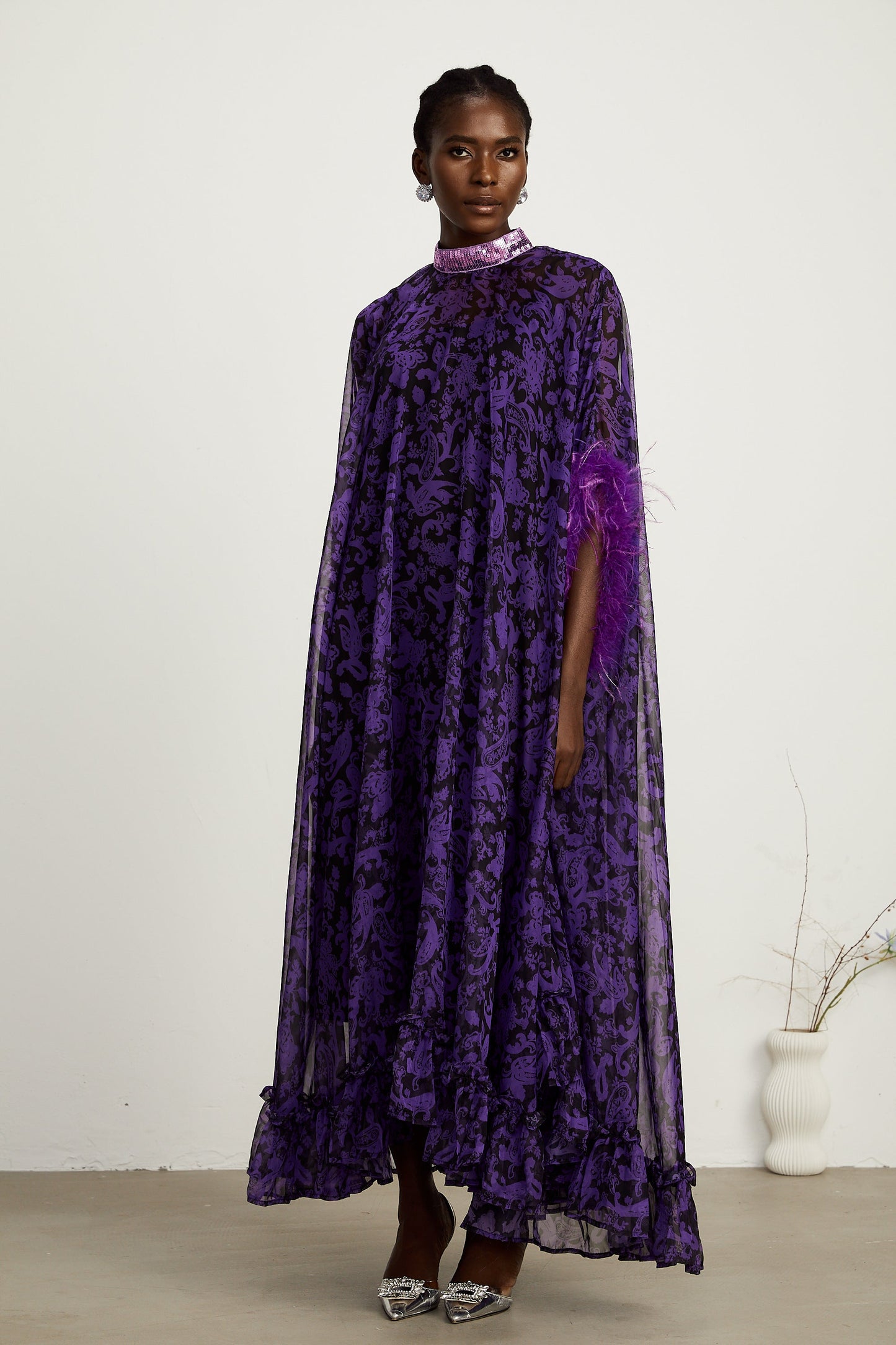 Lisette feather-trim batwing-sleeve maxi dress