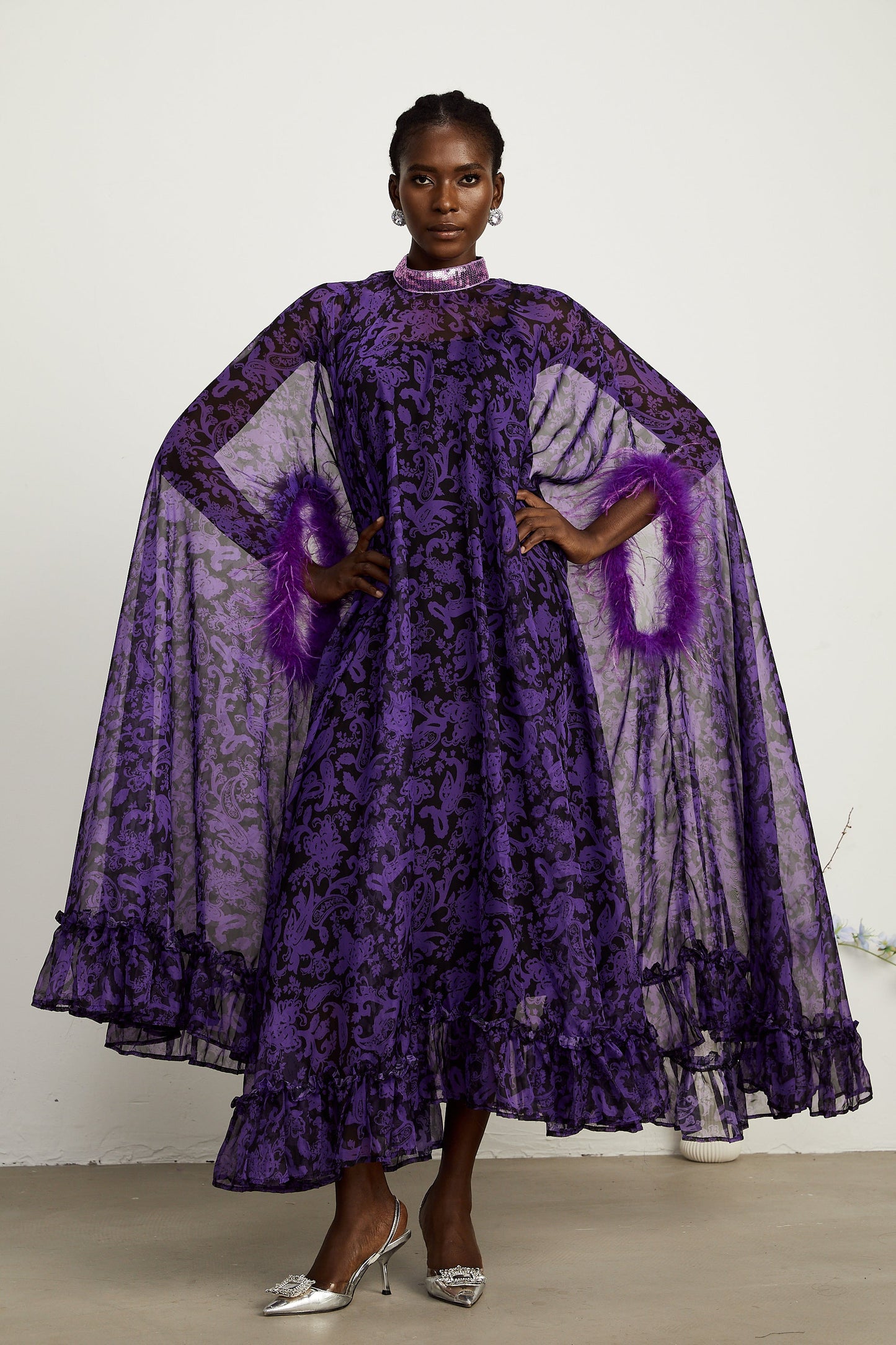 Lisette feather-trim batwing-sleeve maxi dress