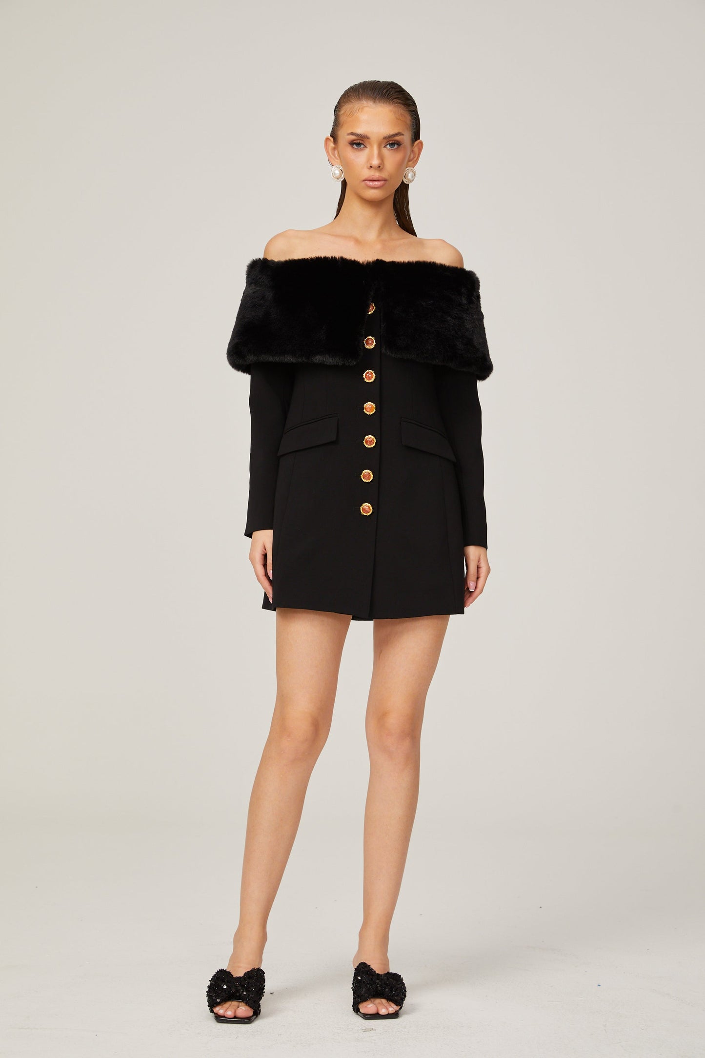 Céline black faux-fur off-shoulder mini dress (US Only)