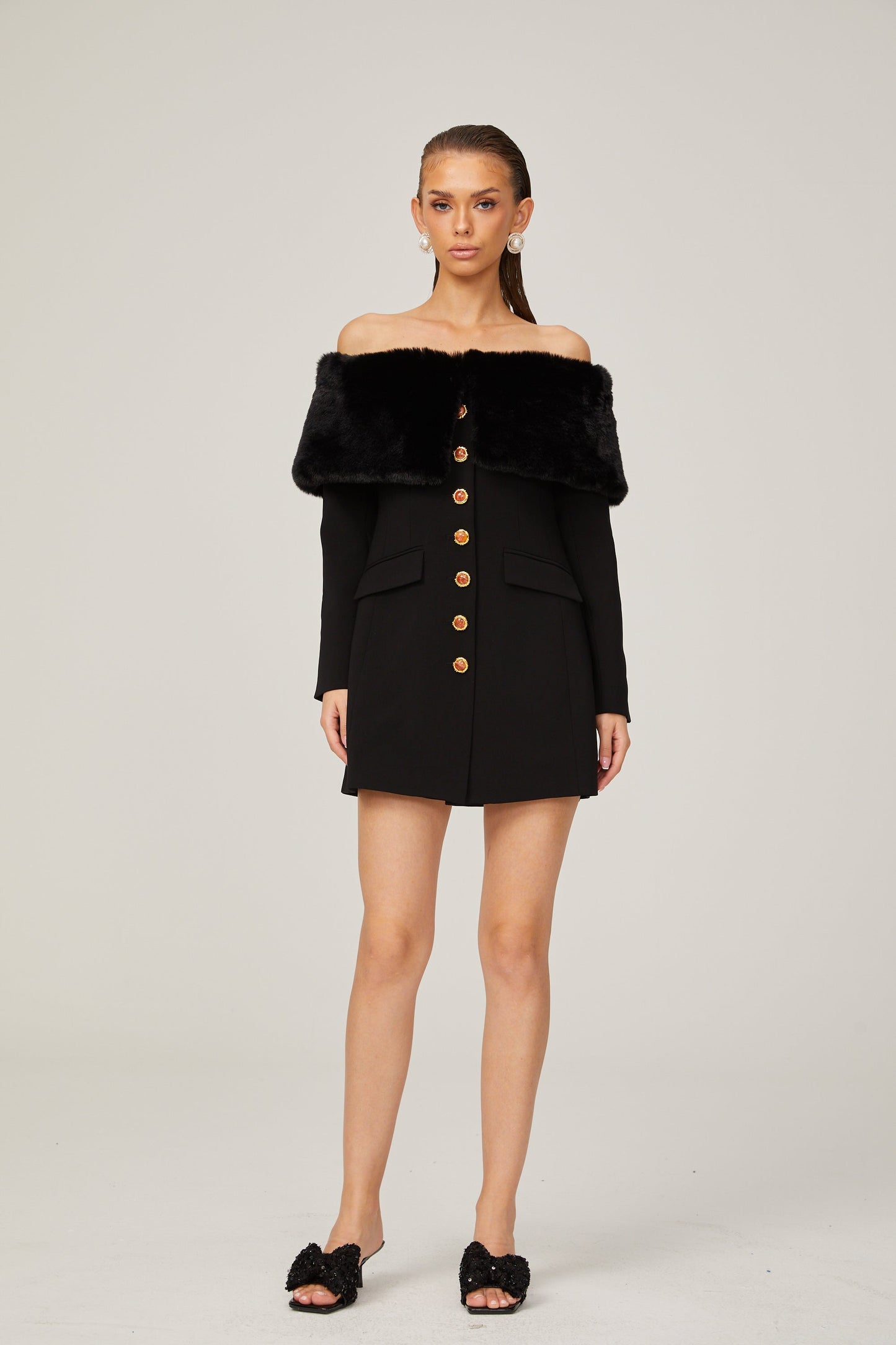 Céline black faux-fur off-shoulder mini dress (US Only)