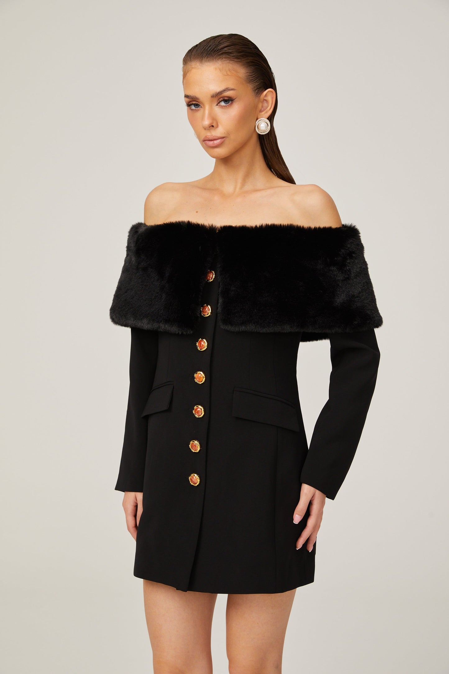 Céline black faux-fur off-shoulder mini dress (US Only)